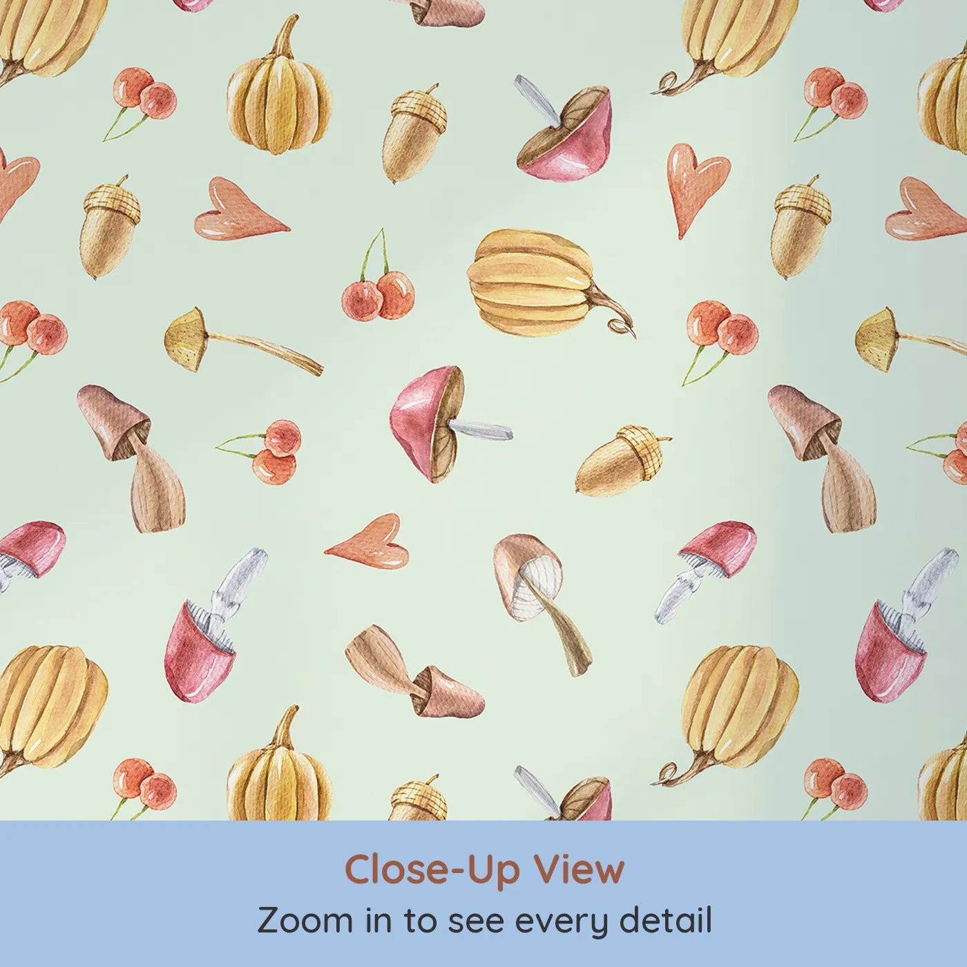 Close-up view of Whimsy Tots' Autumn Forage Friends Wallpaper in Green (W3249D).Mushrooms, acorns, cherries, and hearts scatter like autumn memories.