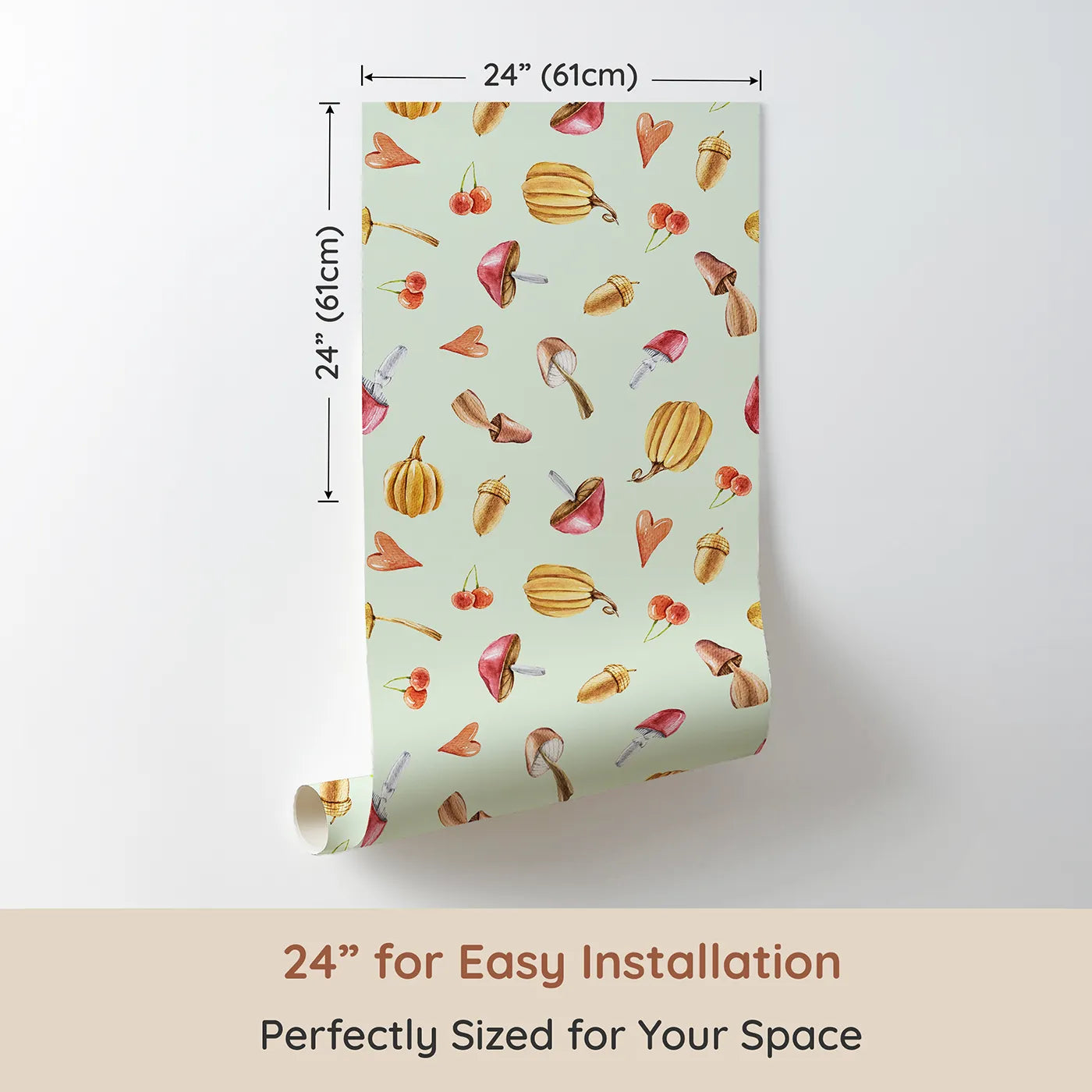 Dimension view of Whimsy Tots Autumn Forage Friends Wallpaper in Green (W3249D). Printed in 24-inch-wide panel for easy installation. Mushrooms, acorns, cherries, and hearts scatter like autumn memories.