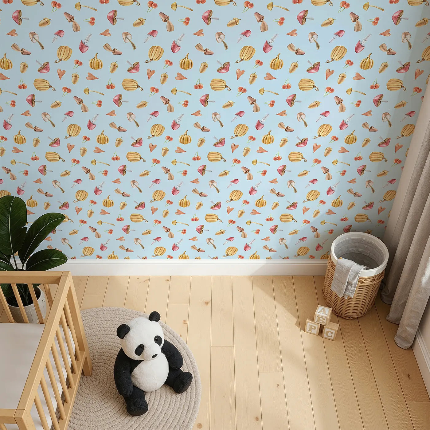 Top-Down view of Whimsy Tots' Autumn Forage Friends Wallpaper in Blue (W3249E).Mushrooms, acorns, cherries, and hearts scatter like autumn memories.