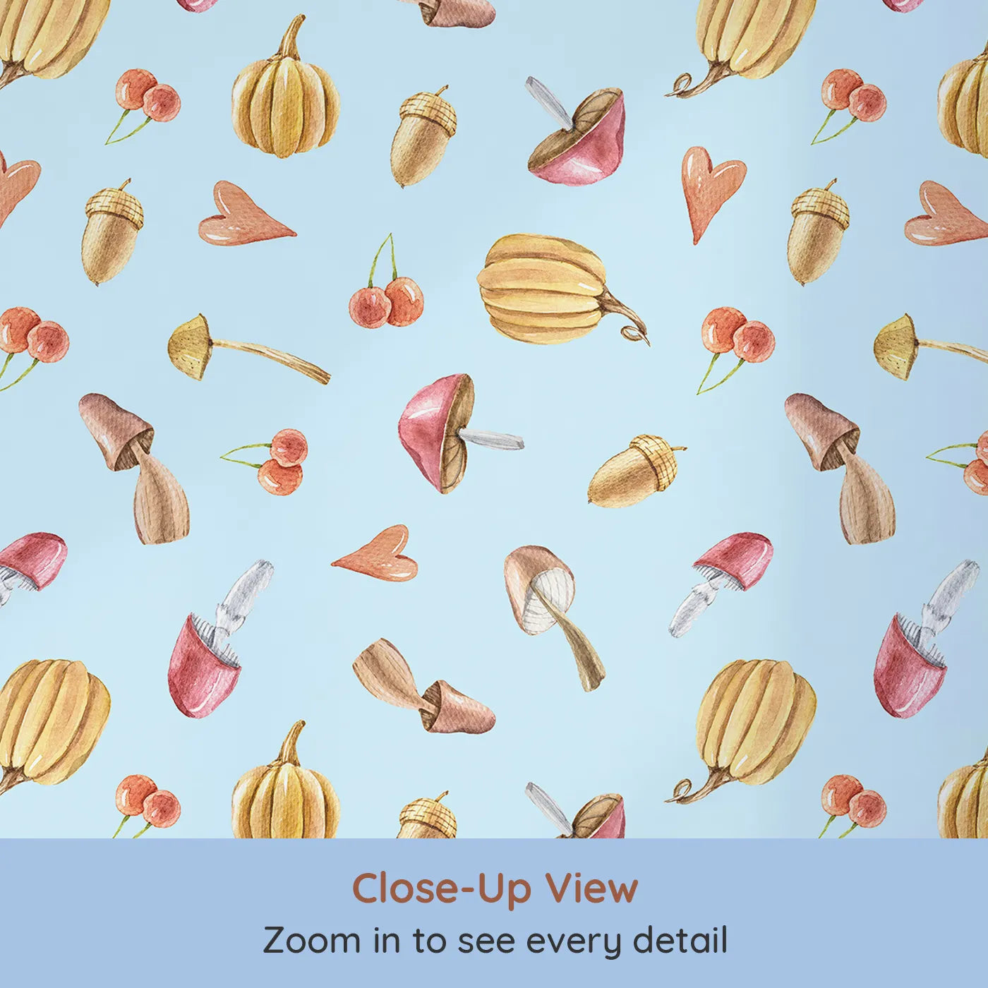 Close-up view of Whimsy Tots' Autumn Forage Friends Wallpaper in Blue (W3249E).Mushrooms, acorns, cherries, and hearts scatter like autumn memories.
