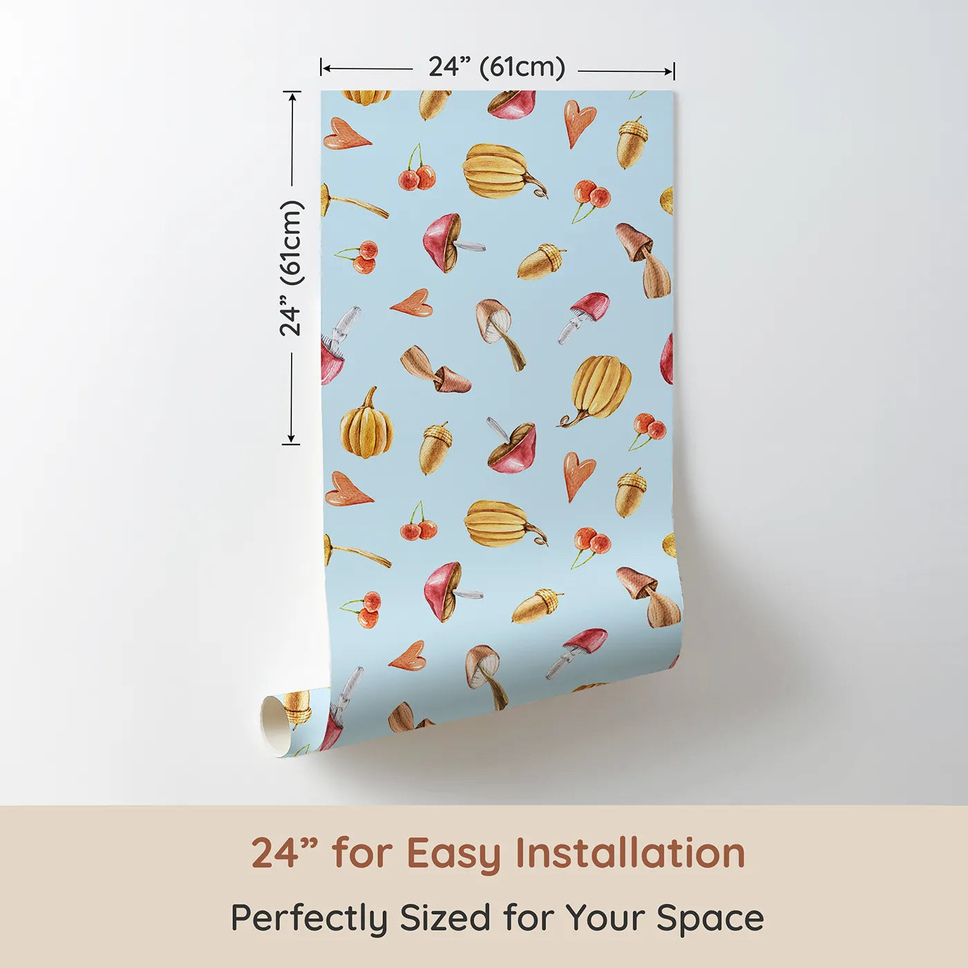 Dimension view of Whimsy Tots Autumn Forage Friends Wallpaper in Blue (W3249E). Printed in 24-inch-wide panel for easy installation. Mushrooms, acorns, cherries, and hearts scatter like autumn memories.