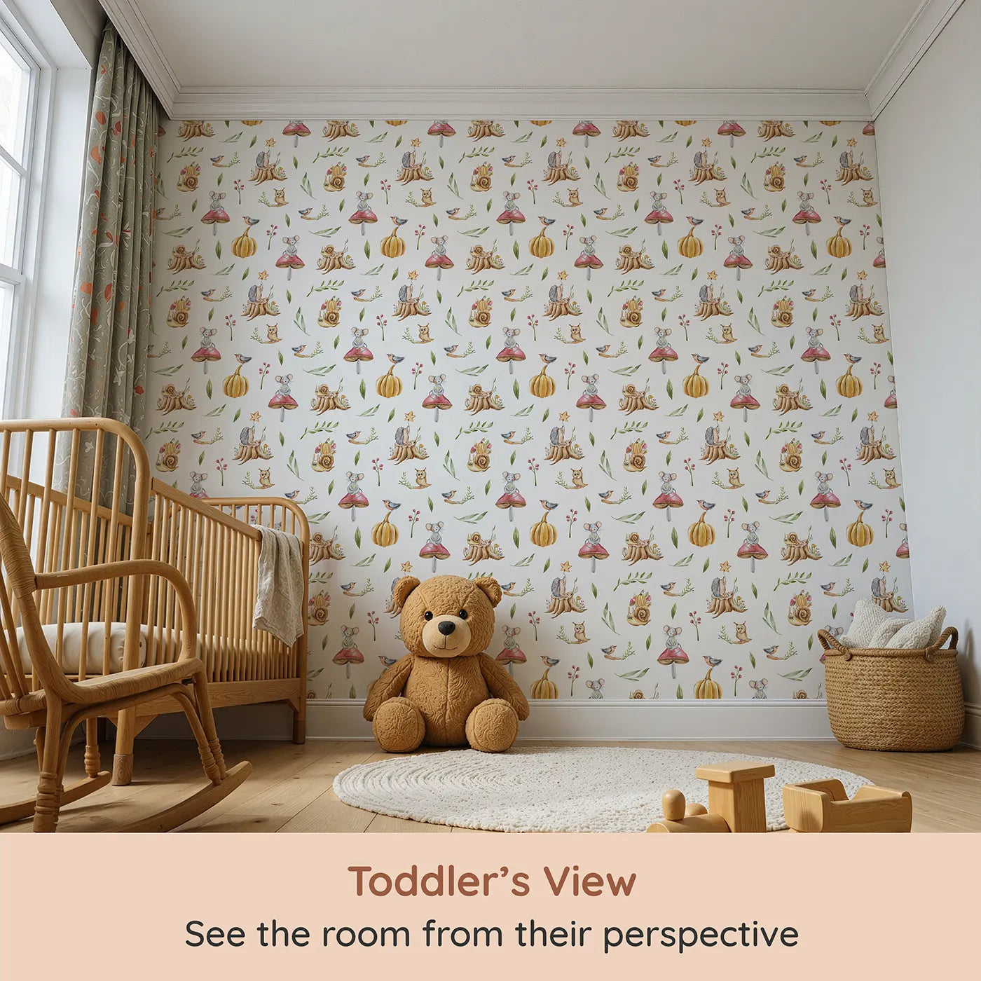 Whimsy Tots Wishful Woodland Friends Wallpaper in White (W3250A) from your child's view.Hedgehogs, owls, and forest friends share starry dreams.
