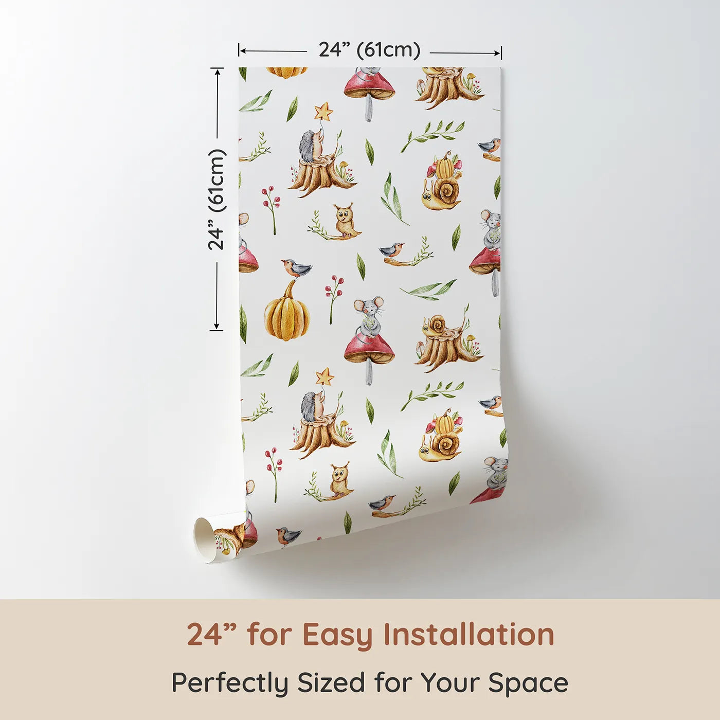 Dimension view of Whimsy Tots Wishful Woodland Friends Wallpaper in White (W3250A). Printed in 24-inch-wide panel for easy installation. Hedgehogs, owls, and forest friends share starry dreams.