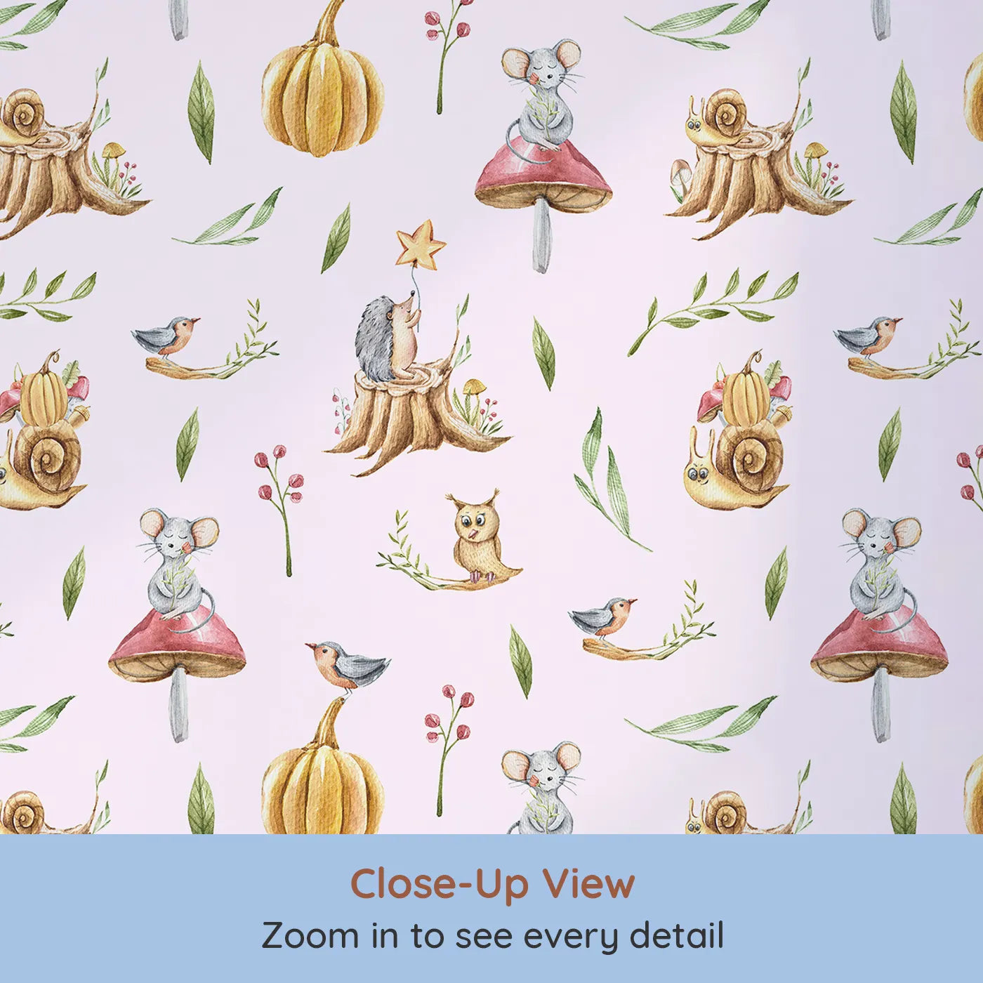 Close-up view of Whimsy Tots' Wishful Woodland Friends Wallpaper in Blush Pink (W3250B).Hedgehogs, owls, and forest friends share starry dreams.