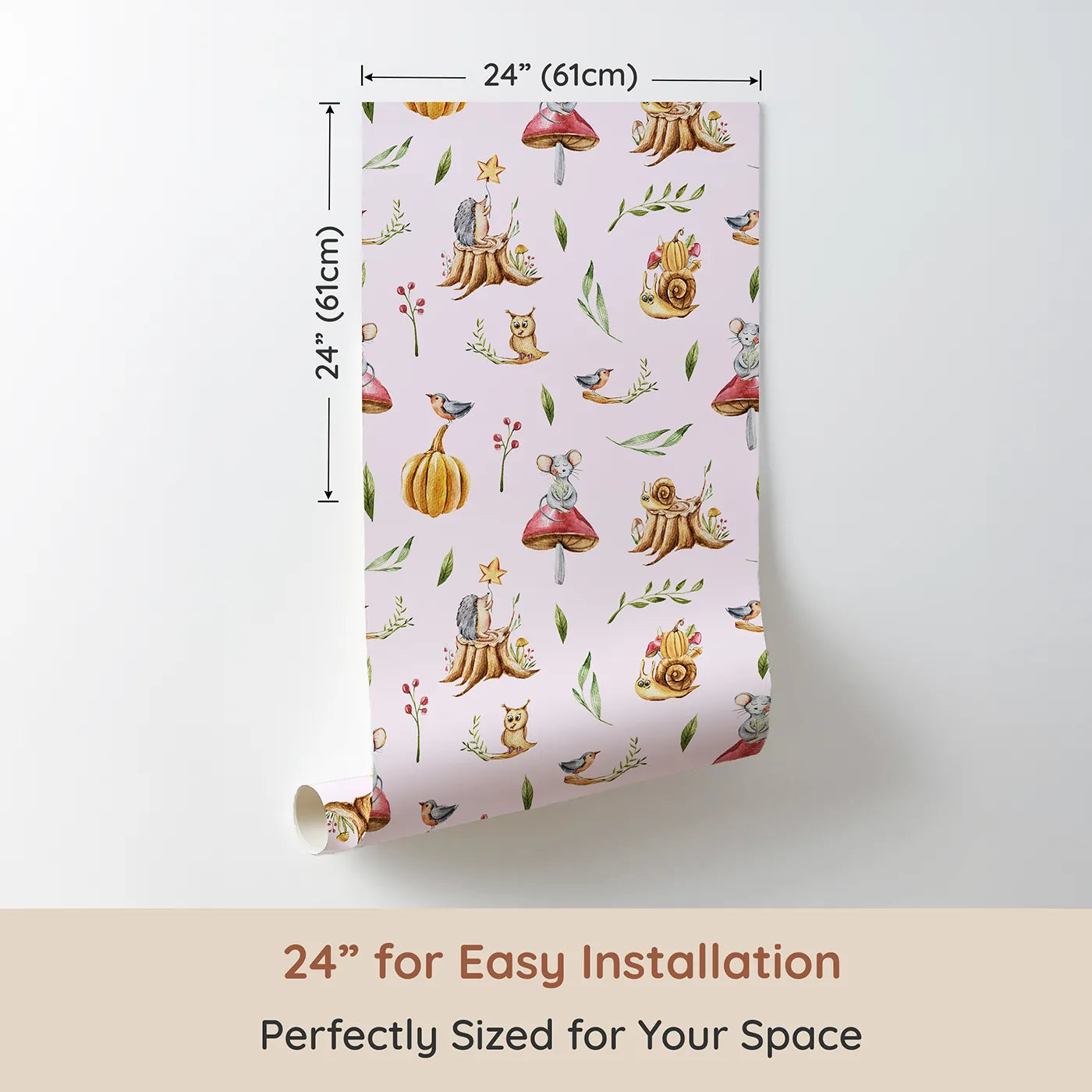 Dimension view of Whimsy Tots Wishful Woodland Friends Wallpaper in Blush Pink (W3250B). Printed in 24-inch-wide panel for easy installation. Hedgehogs, owls, and forest friends share starry dreams.