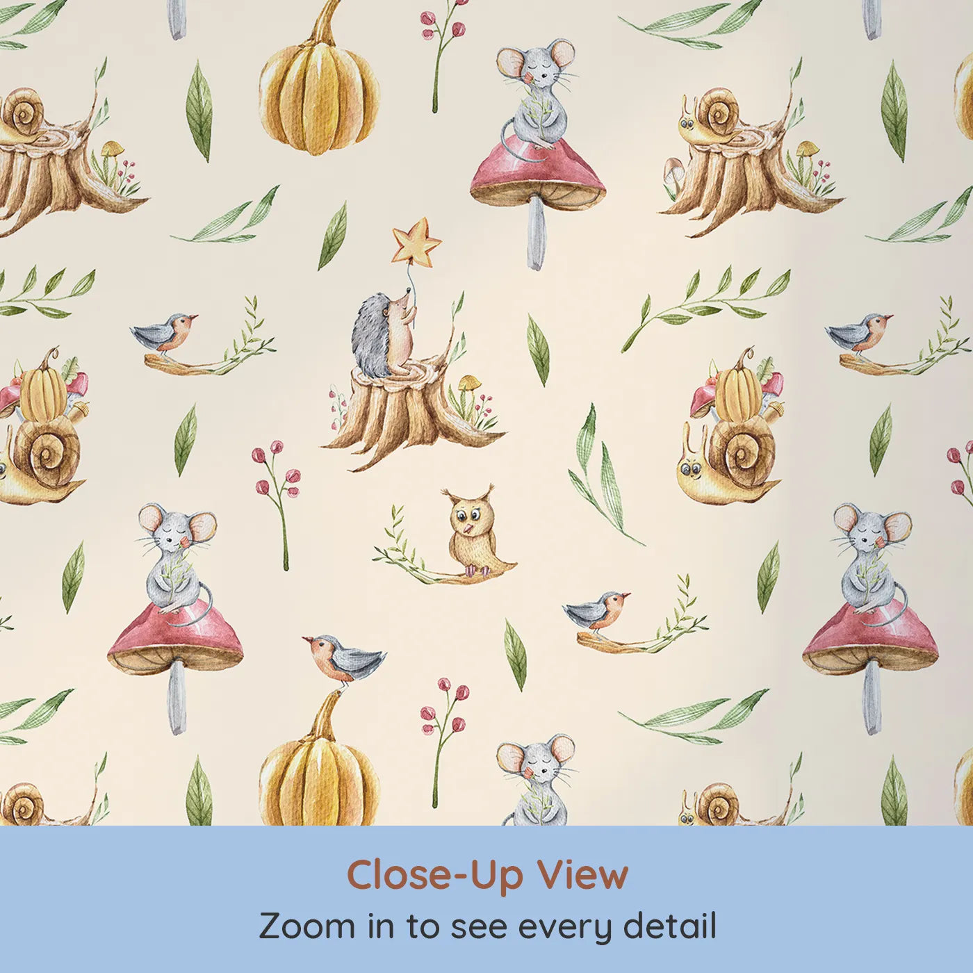 Close-up view of Whimsy Tots' Wishful Woodland Friends Wallpaper in Beige (W3250C).Hedgehogs, owls, and forest friends share starry dreams.