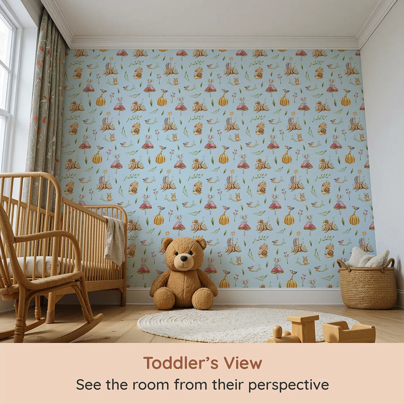 Whimsy Tots Wishful Woodland Friends Wallpaper in Sky Blue (W3250E) from your child's view.Hedgehogs, owls, and forest friends share starry dreams.