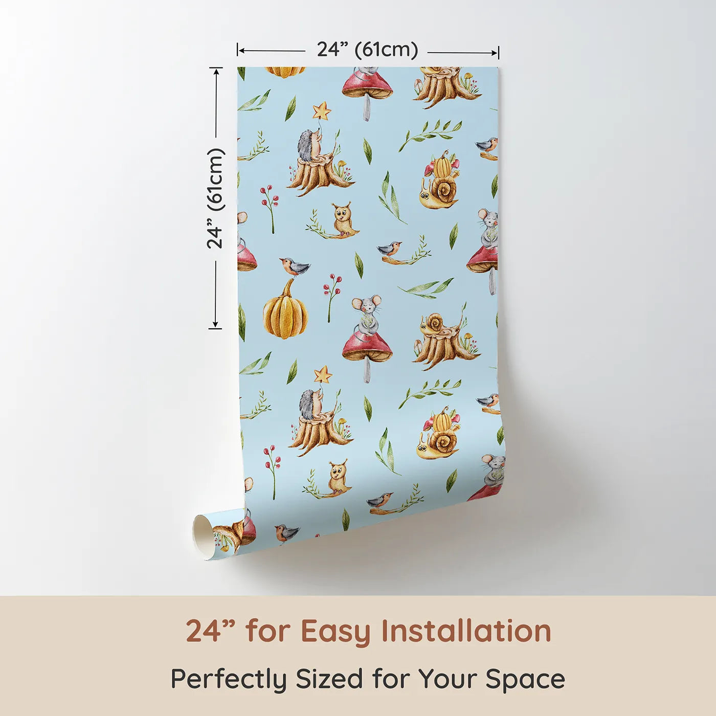 Dimension view of Whimsy Tots Wishful Woodland Friends Wallpaper in Sky Blue (W3250E). Printed in 24-inch-wide panel for easy installation. Hedgehogs, owls, and forest friends share starry dreams.