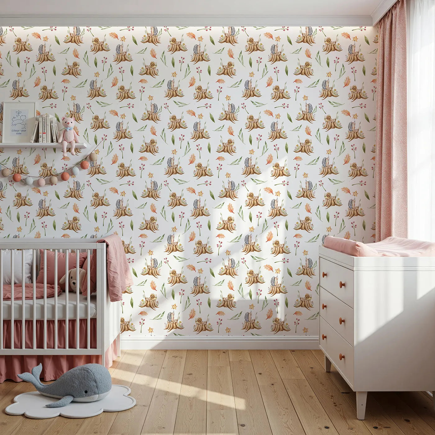 Front view of Whimsy Tots' Forest Stump Snuggle Wallpaper in White