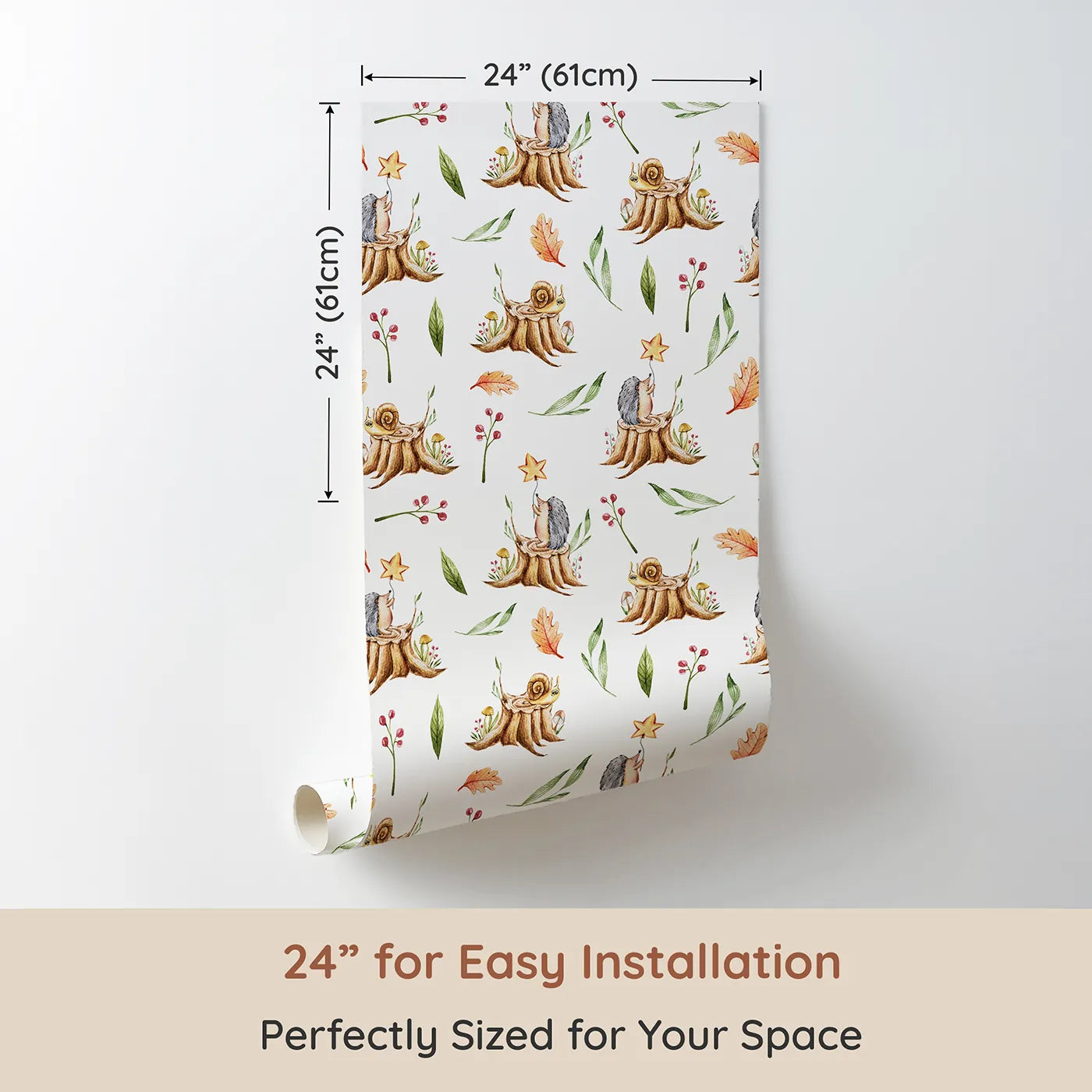 Dimension view of Whimsy Tots Forest Stump Snuggle Wallpaper in White (W3251A). Printed in 24-inch-wide panel for easy installation. Snails and hedgehogs perch on tree stumps, wrapped in autumn leaves and soft forest light.