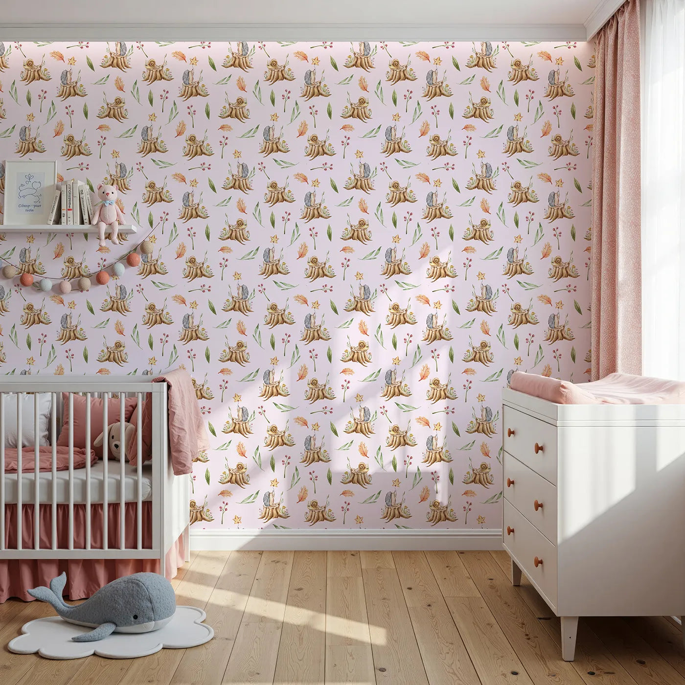 Front view of Whimsy Tots' Forest Stump Snuggle Wallpaper in Blush Pink