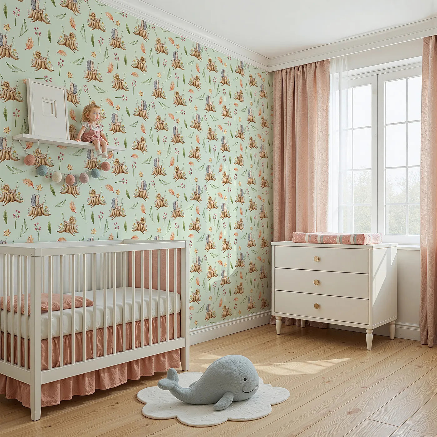 Angled view of Whimsy Tots' Forest Stump Snuggle Wallpaper in Green (W3251D).Snails and hedgehogs perch on tree stumps, wrapped in autumn leaves and soft forest light.