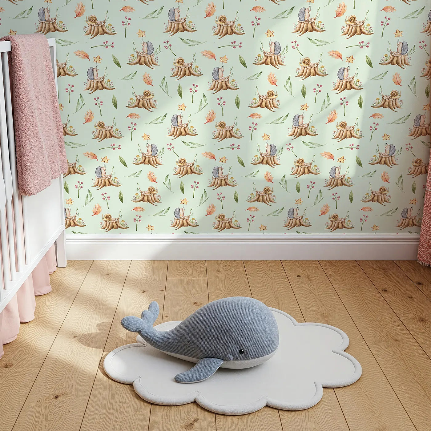 Top-Down view of Whimsy Tots' Forest Stump Snuggle Wallpaper in Green (W3251D).Snails and hedgehogs perch on tree stumps, wrapped in autumn leaves and soft forest light.