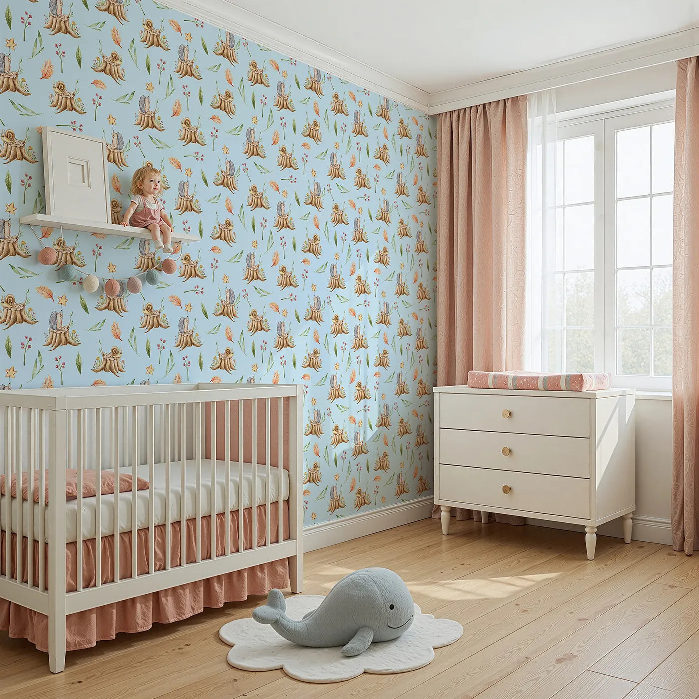 Angled view of Whimsy Tots' Forest Stump Snuggle Wallpaper in Blue (W3251E).Snails and hedgehogs perch on tree stumps, wrapped in autumn leaves and soft forest light.