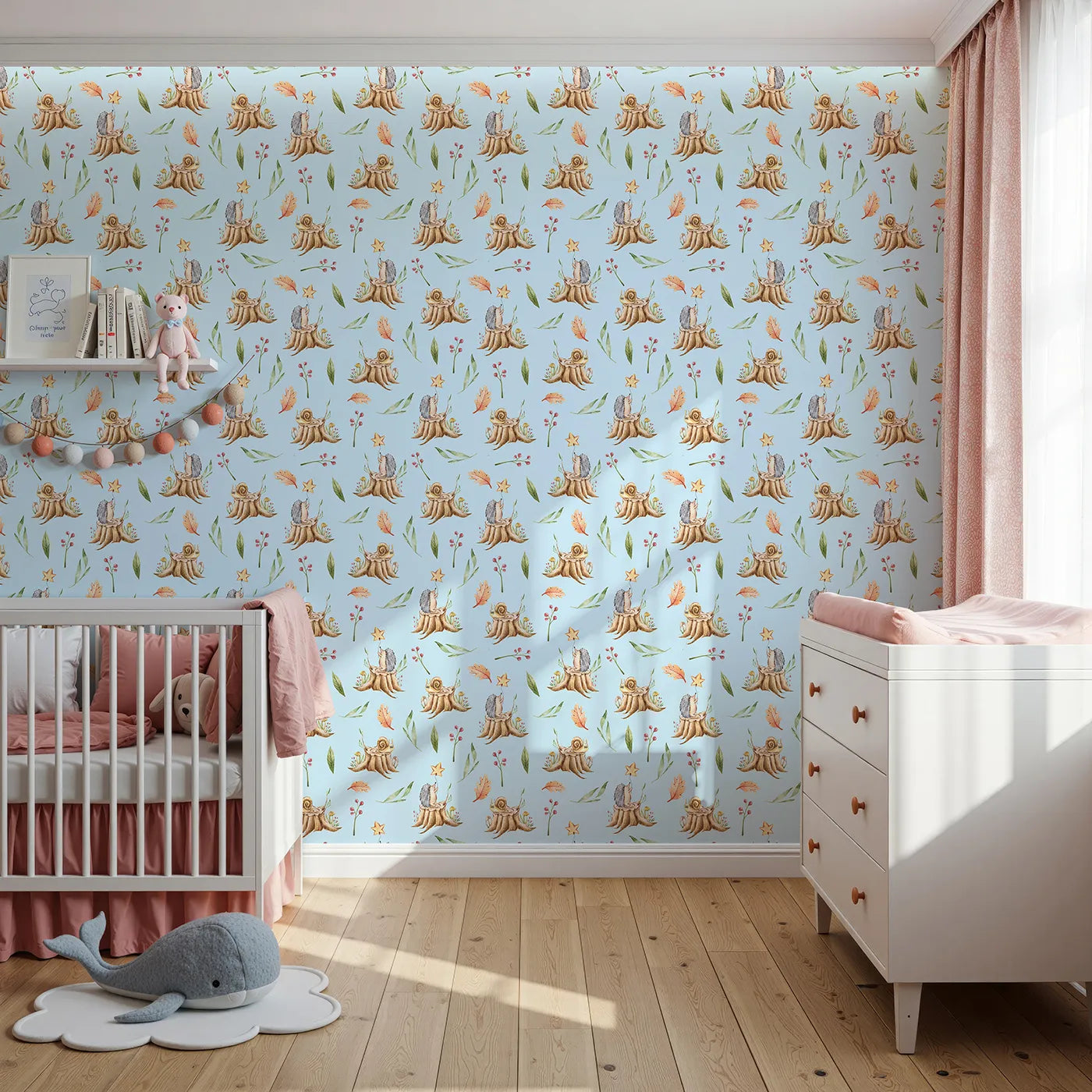 Front view of Whimsy Tots' Forest Stump Snuggle Wallpaper in Blue