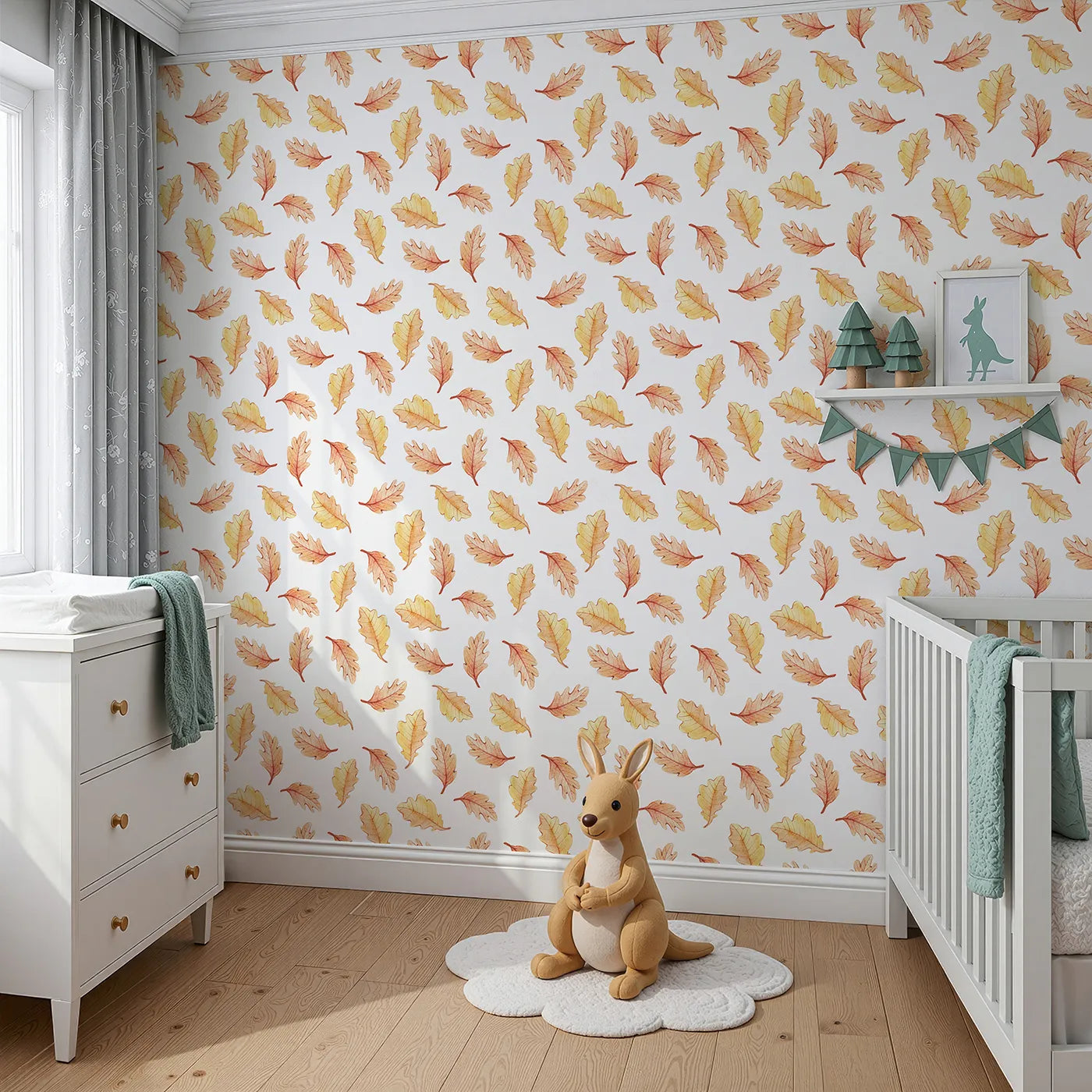 Angled view of Whimsy Tots' Falling Oak Whispers Wallpaper in White (W3252A).Golden leaves drift gently through a forest sky.