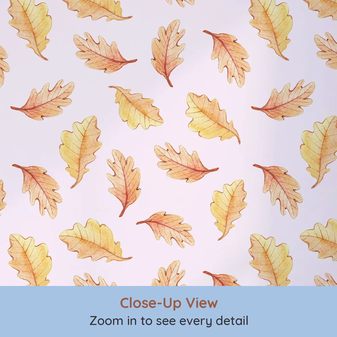 Close-up view of Whimsy Tots' Falling Oak Whispers Wallpaper in Blush Pink (W3252B).Golden leaves drift gently through a forest sky.