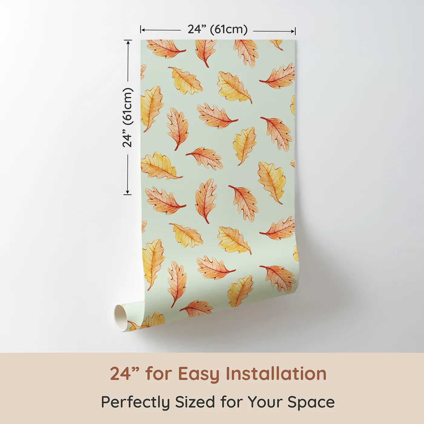 Dimension view of Whimsy Tots Falling Oak Whispers Wallpaper in Green (W3252D). Printed in 24-inch-wide panel for easy installation. Golden leaves drift gently through a forest sky.