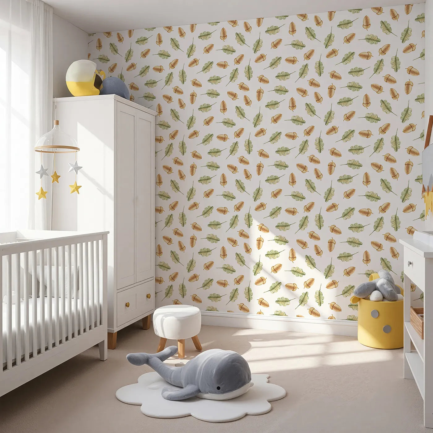 Angled view of Whimsy Tots' Acorn Meadow Whimsy Wallpaper in White (W3253A).Twirling acorns and leafy greens bring forest calm to every corner.