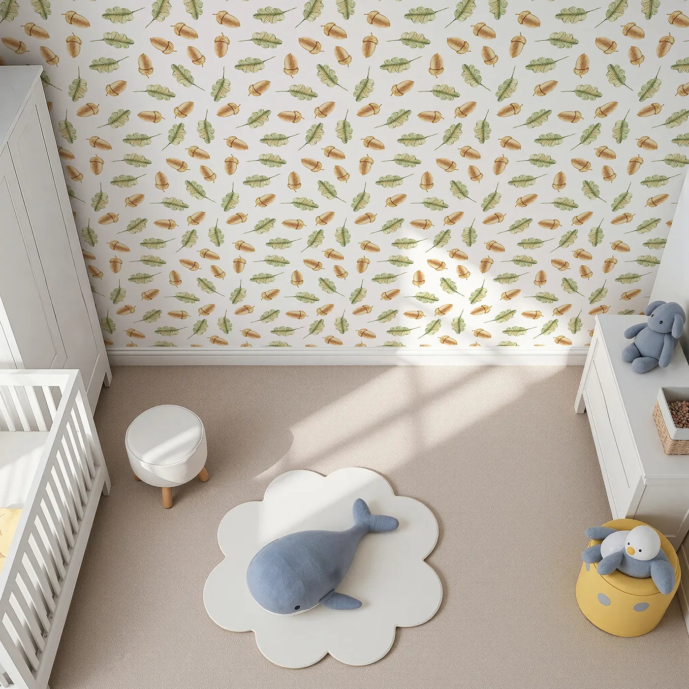 Top-Down view of Whimsy Tots' Acorn Meadow Whimsy Wallpaper in White (W3253A).Twirling acorns and leafy greens bring forest calm to every corner.