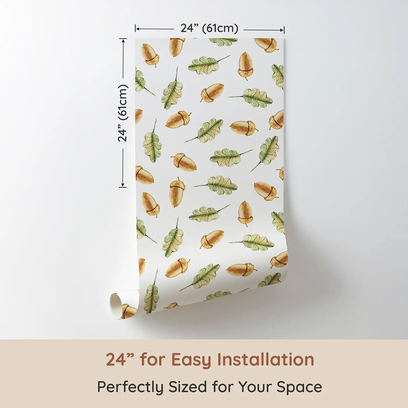 Dimension view of Whimsy Tots Acorn Meadow Whimsy Wallpaper in White (W3253A). Printed in 24-inch-wide panel for easy installation. Twirling acorns and leafy greens bring forest calm to every corner.