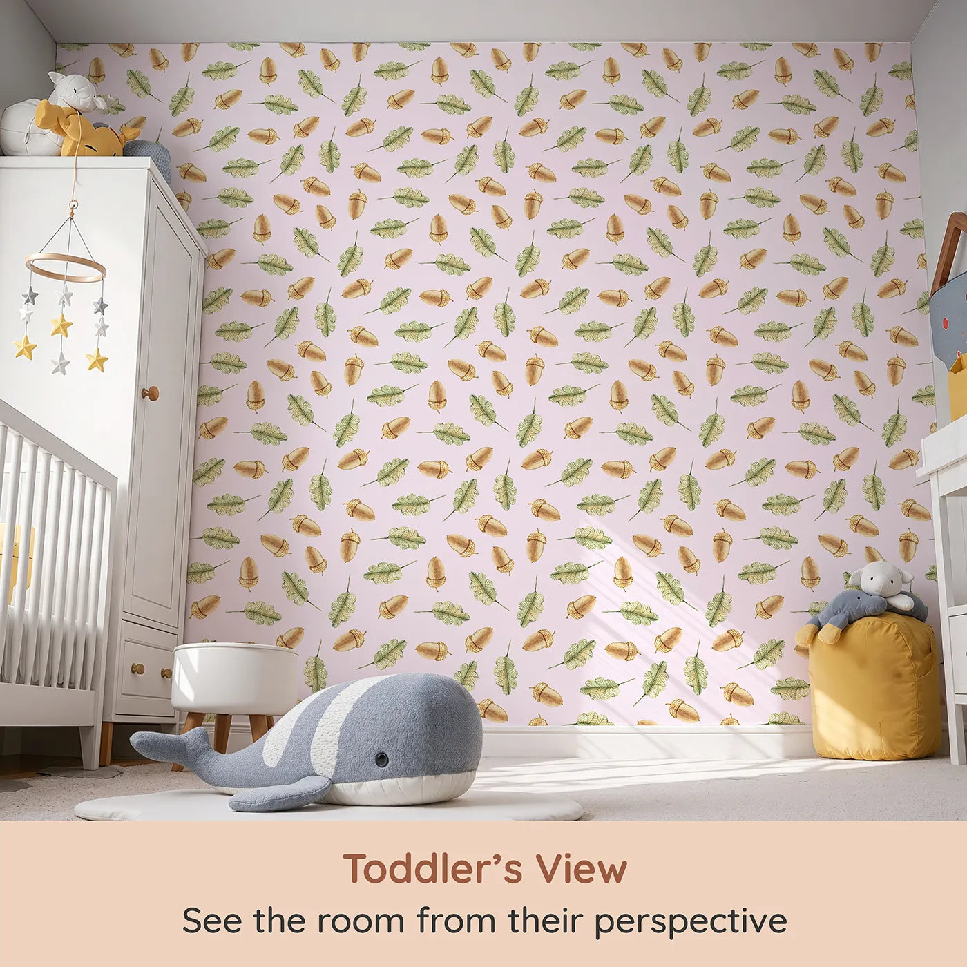 Whimsy Tots Acorn Meadow Whimsy Wallpaper in Blush Pink (W3253B) from your child's view.Twirling acorns and leafy greens bring forest calm to every corner.