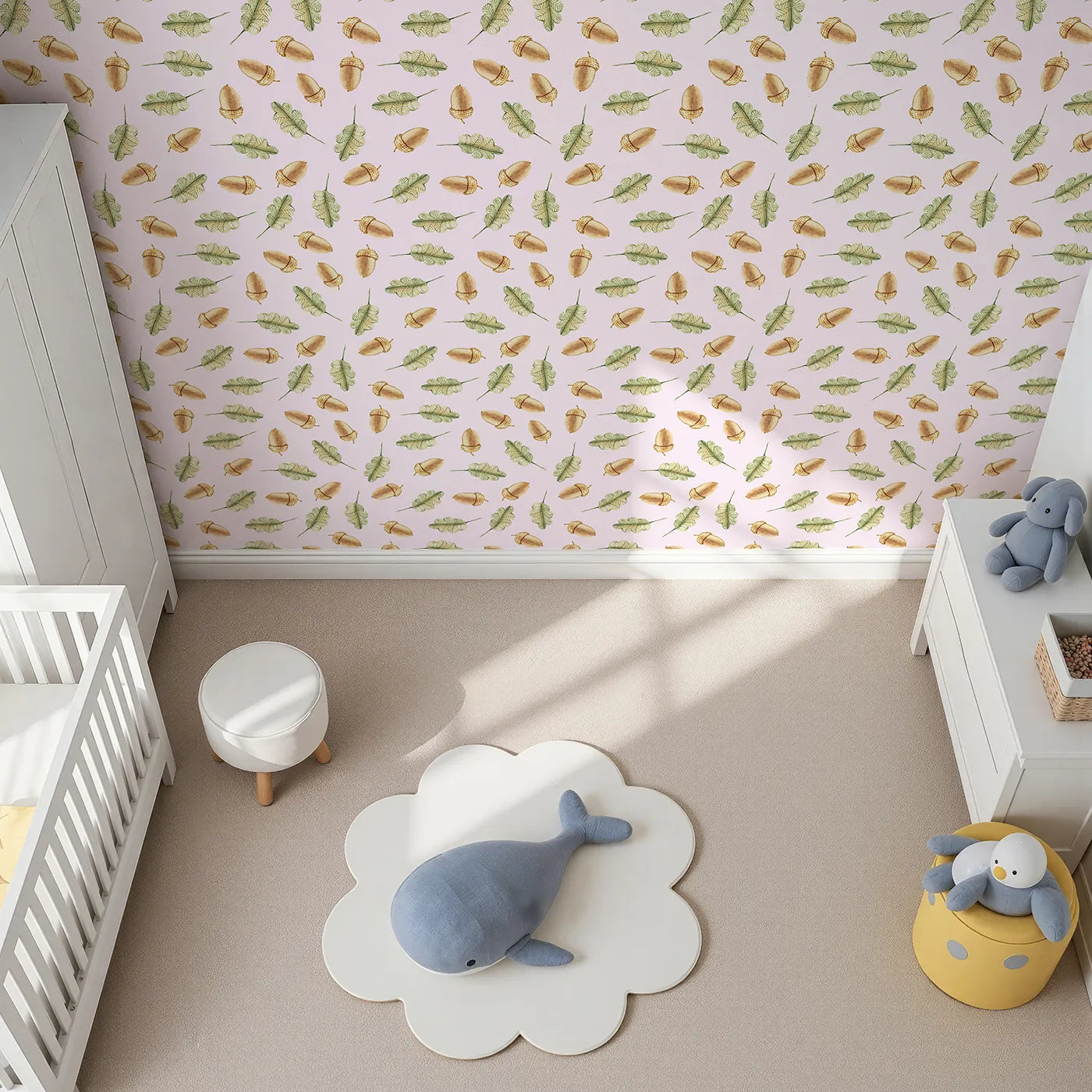 Top-Down view of Whimsy Tots' Acorn Meadow Whimsy Wallpaper in Blush Pink (W3253B).Twirling acorns and leafy greens bring forest calm to every corner.