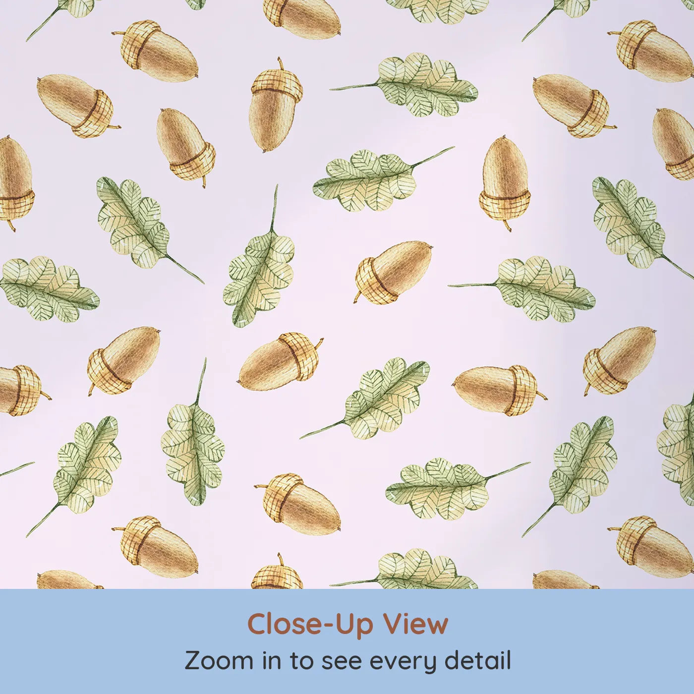 Close-up view of Whimsy Tots' Acorn Meadow Whimsy Wallpaper in Blush Pink (W3253B).Twirling acorns and leafy greens bring forest calm to every corner.
