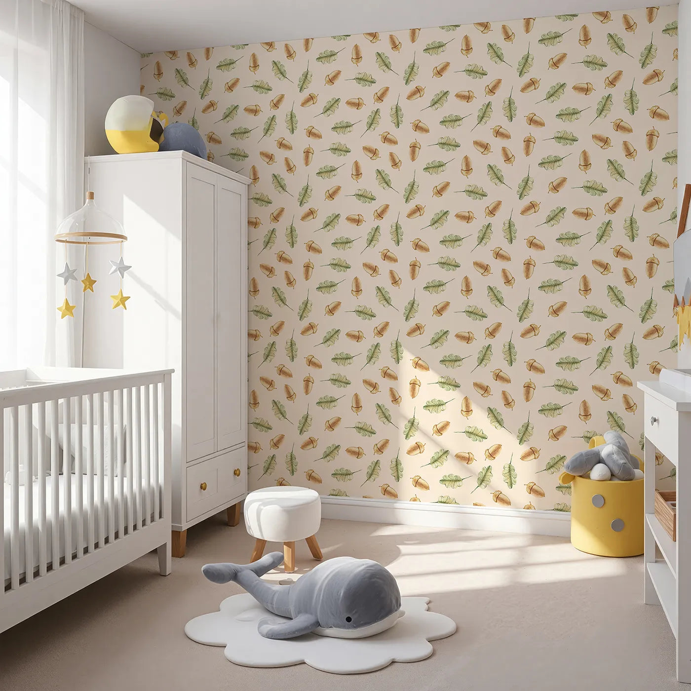 Angled view of Whimsy Tots' Acorn Meadow Whimsy Wallpaper in Cream (W3253C).Twirling acorns and leafy greens bring forest calm to every corner.