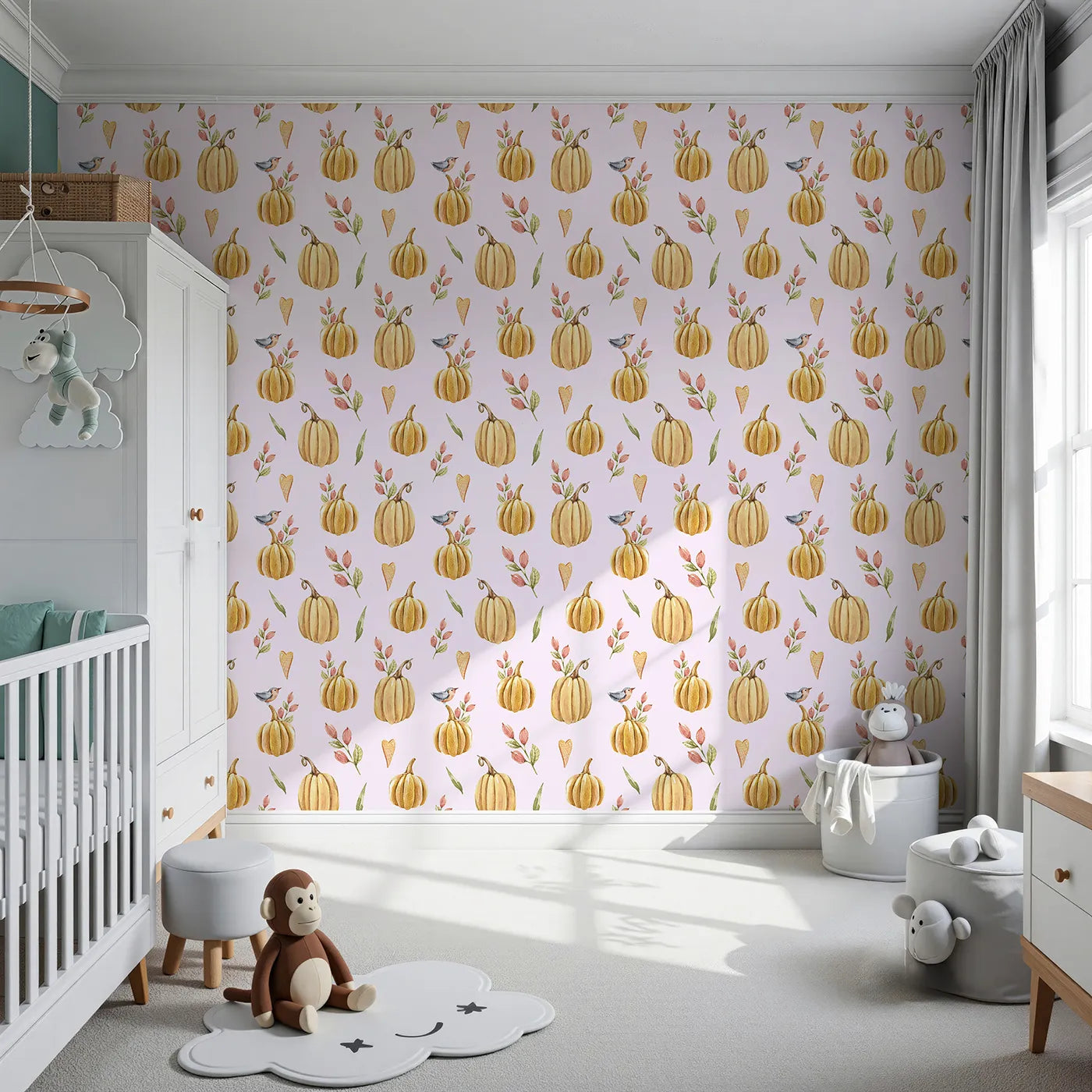 Front view of Whimsy Tots' Pumpkin Patch Whimsy Wallpaper in Blush Pink
