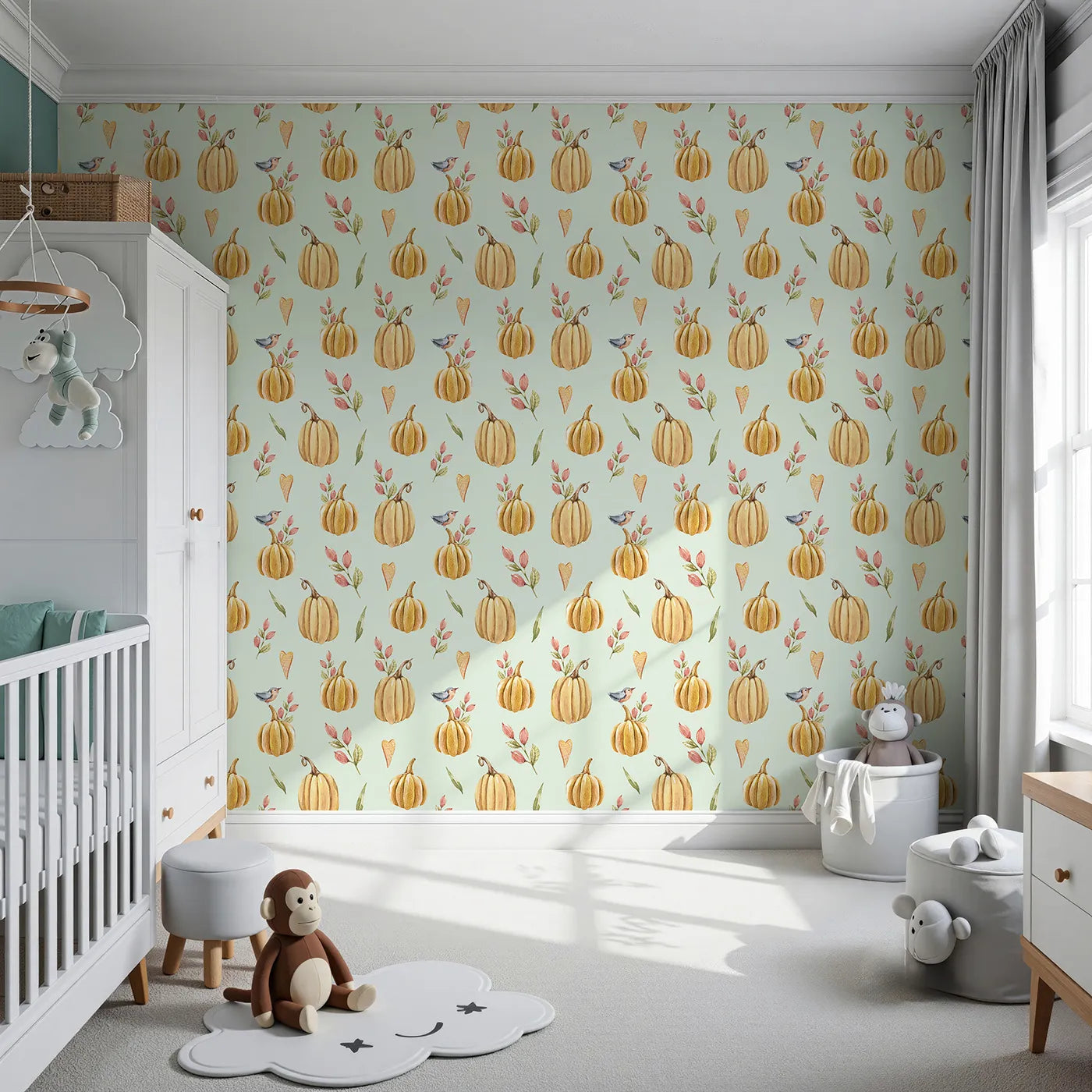 Front view of Whimsy Tots' Pumpkin Patch Whimsy Wallpaper in Mint Green