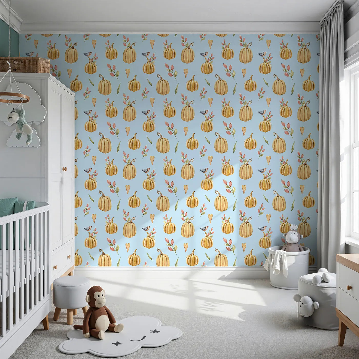 Front view of Whimsy Tots' Pumpkin Patch Whimsy Wallpaper in Blue