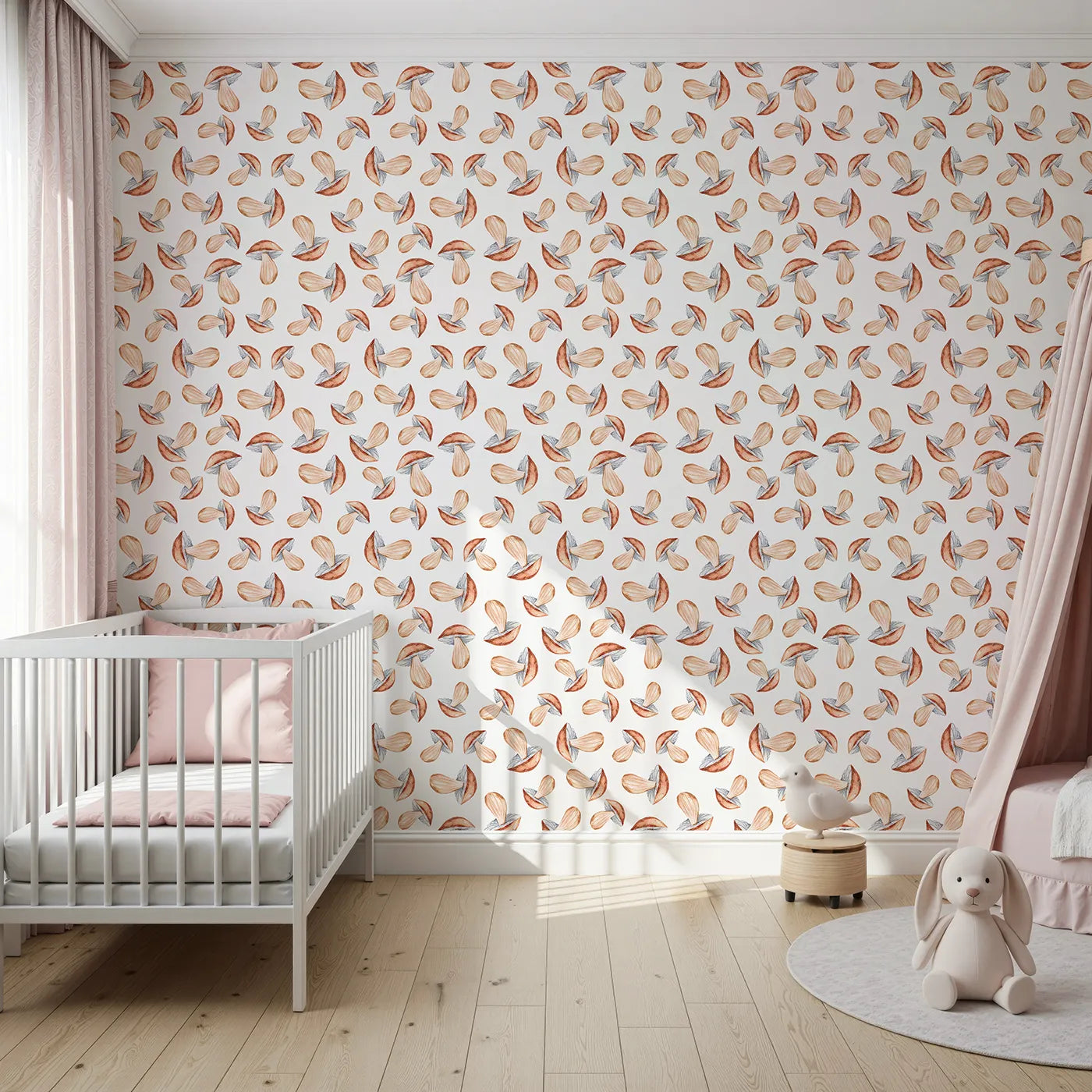 Front view of Whimsy Tots' Mushroom Meadow Whispers Wallpaper in White