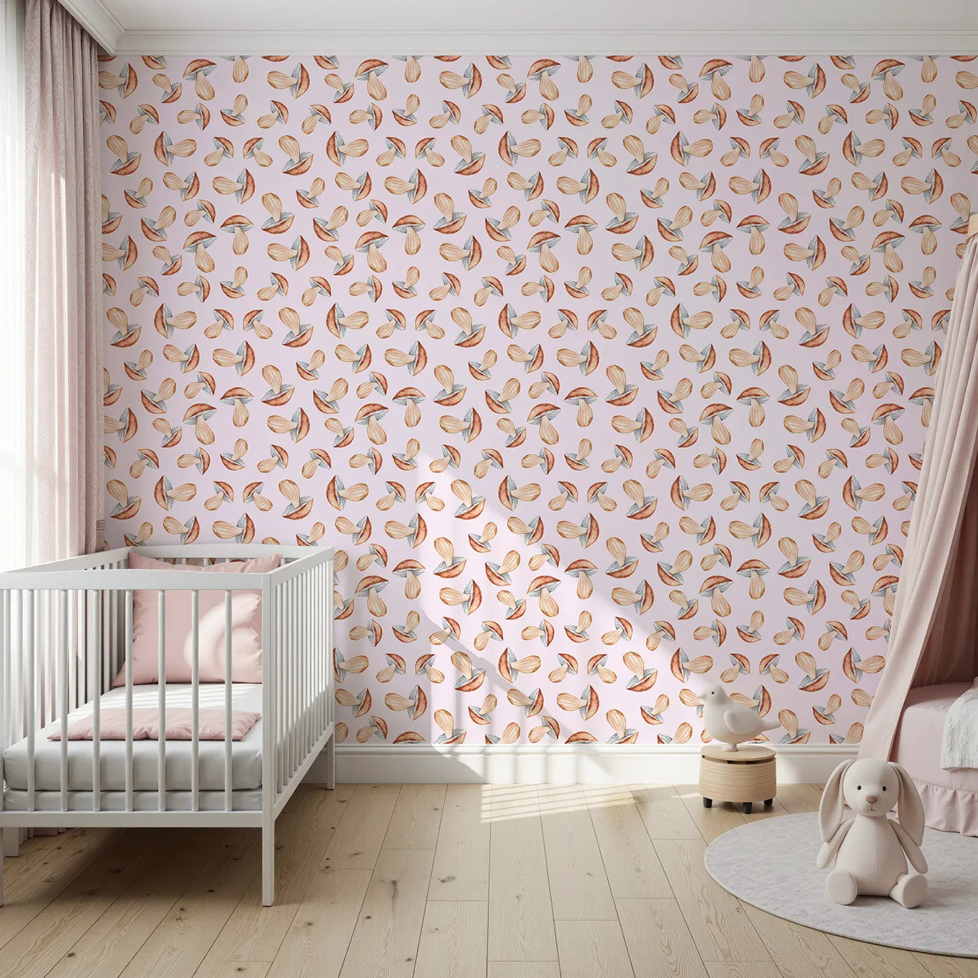 Front view of Whimsy Tots' Mushroom Meadow Whispers Wallpaper in Blush Pink