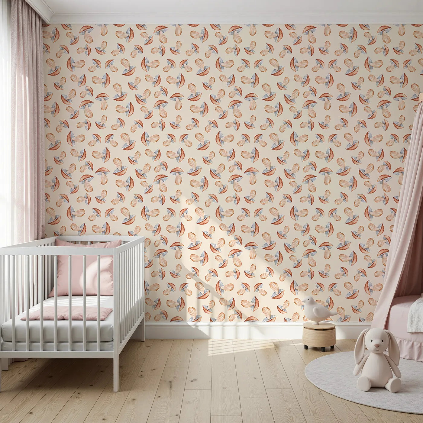 Front view of Whimsy Tots' Mushroom Meadow Whispers Wallpaper in Cream