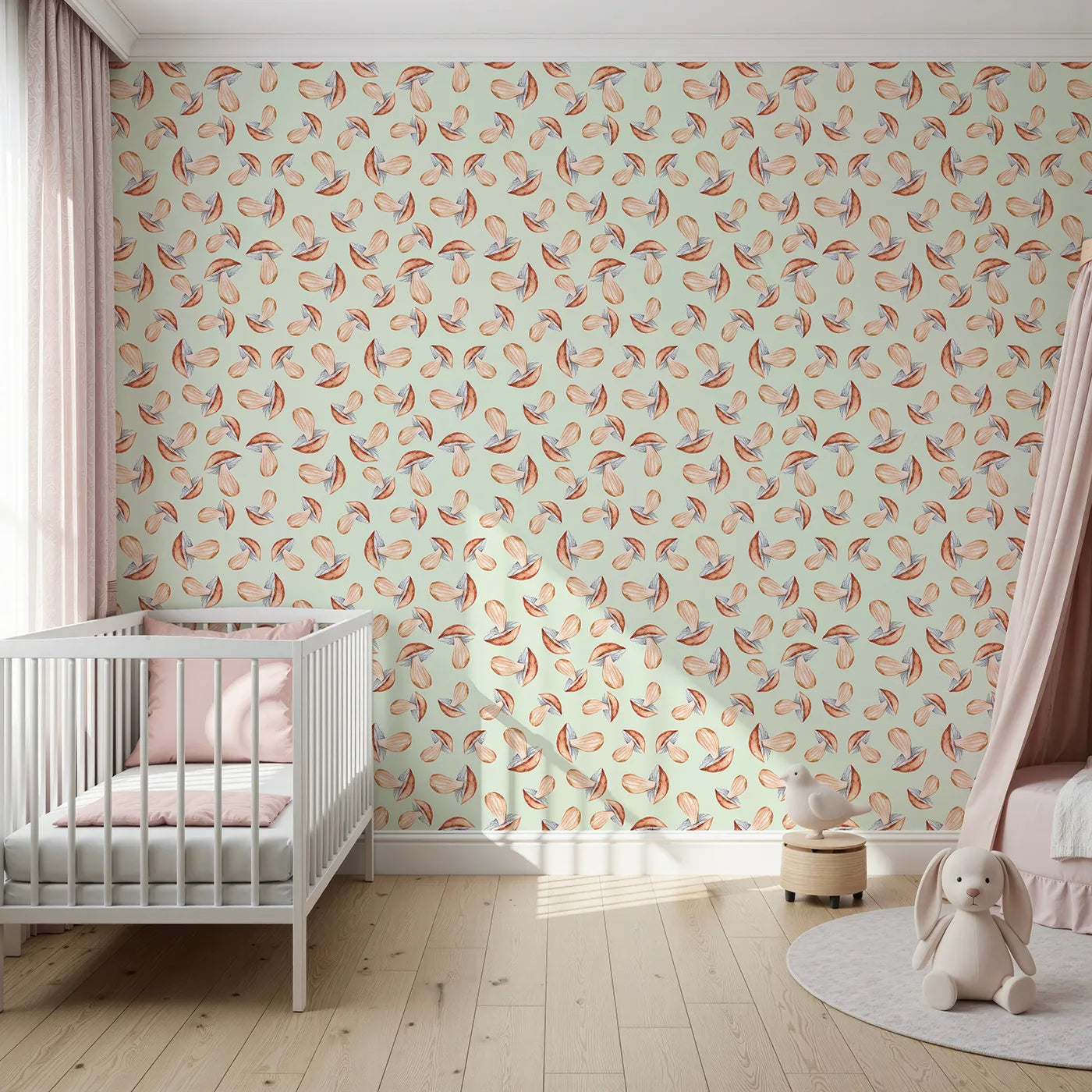 Front view of Whimsy Tots' Mushroom Meadow Whispers Wallpaper in Mint Green