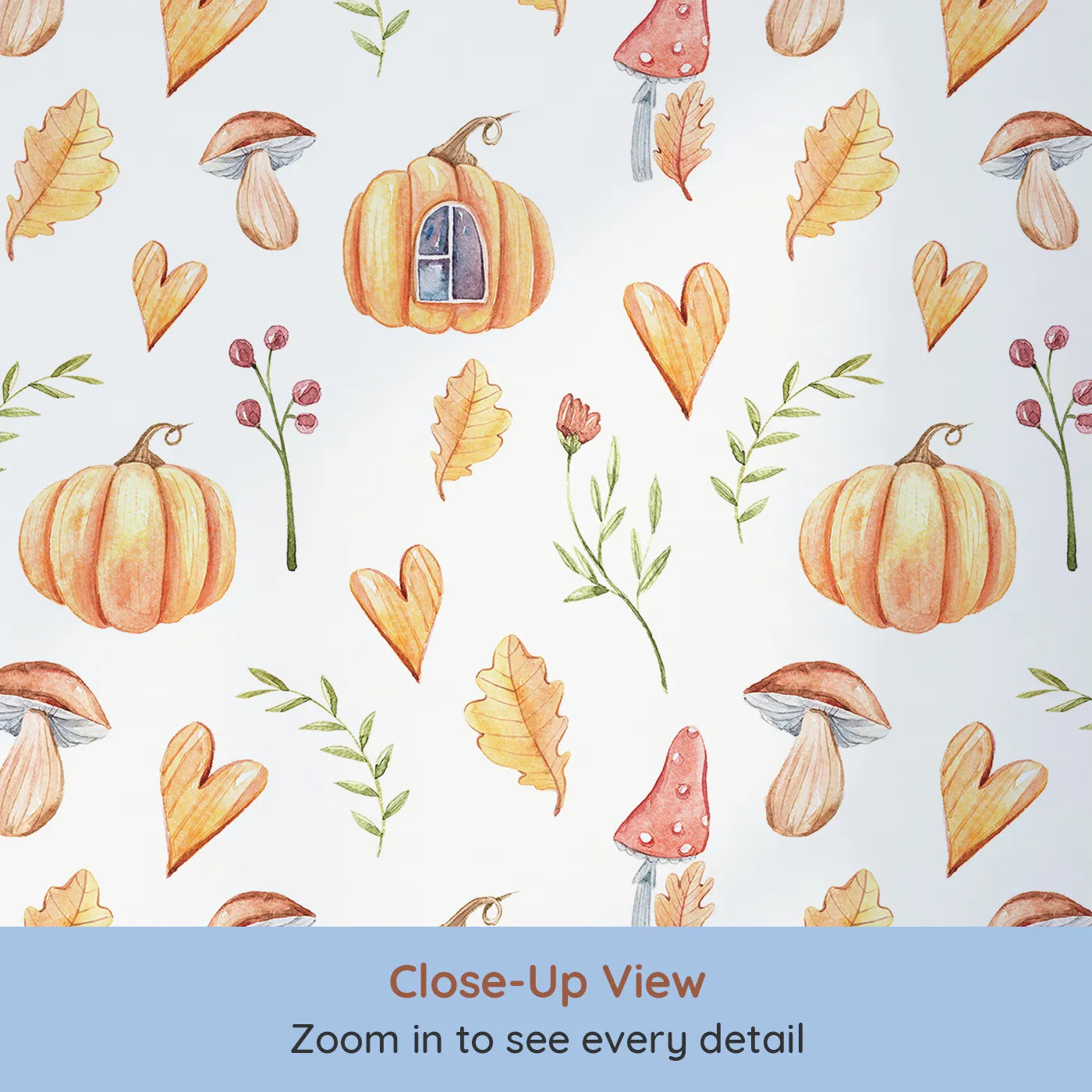 Close-up view of Whimsy Tots' Pumpkin Heart Harvest Wallpaper in White (W3256A).Pumpkins and hearts sprinkle seasonal cheer.