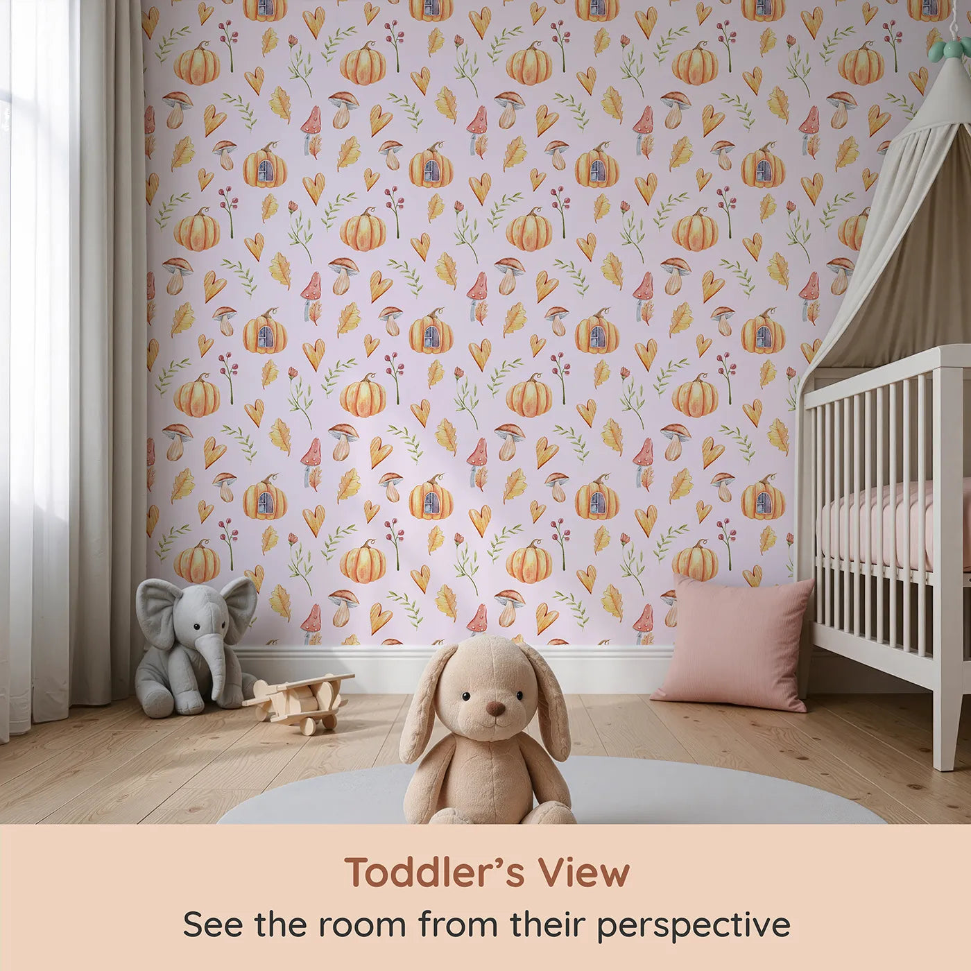 Whimsy Tots Pumpkin Heart Harvest Wallpaper in Blush Pink (W3256B) from your child's view.Pumpkins and hearts sprinkle seasonal cheer.