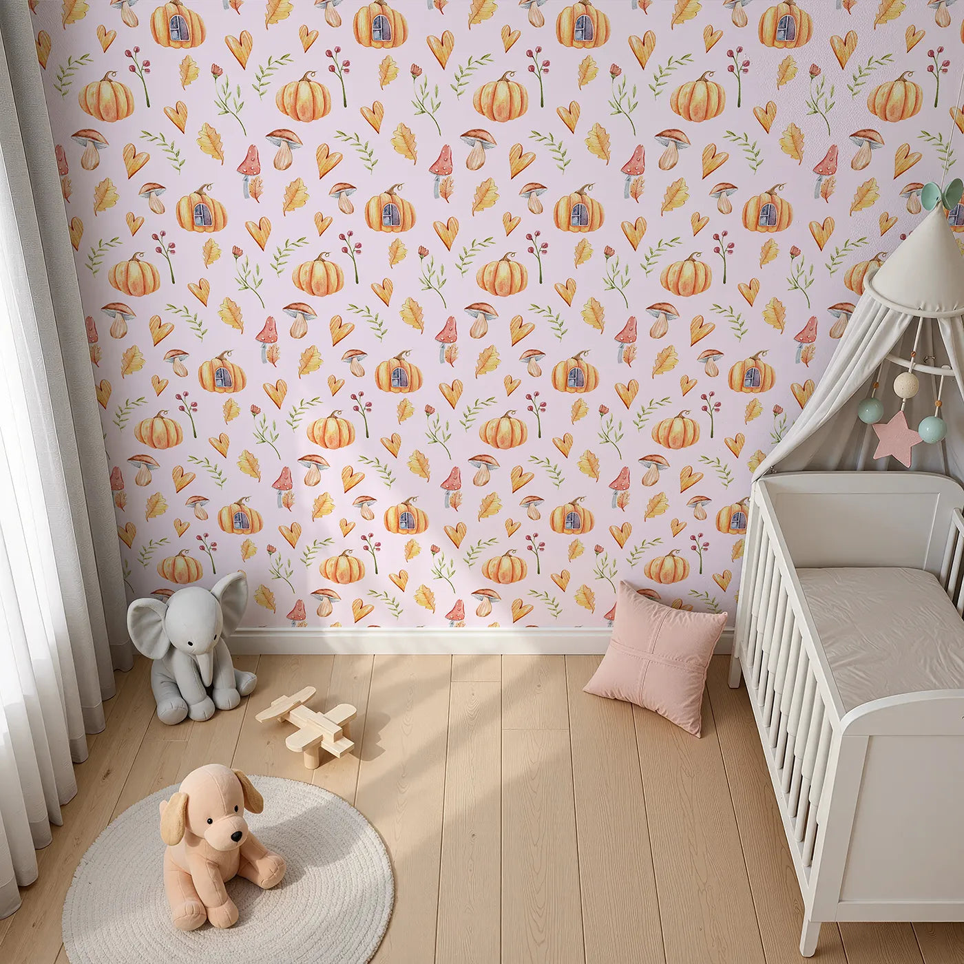 Top-Down view of Whimsy Tots' Pumpkin Heart Harvest Wallpaper in Blush Pink (W3256B).Pumpkins and hearts sprinkle seasonal cheer.