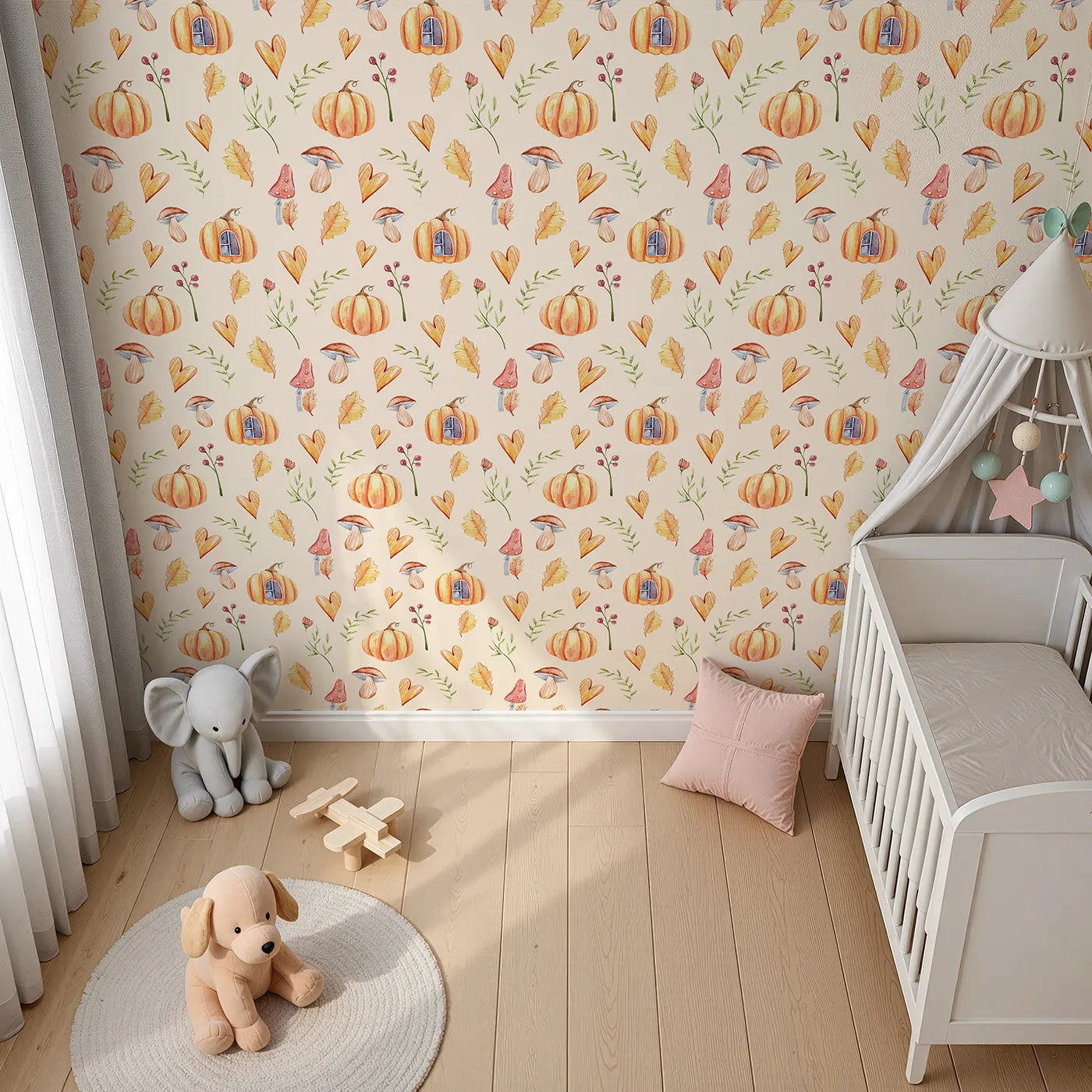 Top-Down view of Whimsy Tots' Pumpkin Heart Harvest Wallpaper in Cream (W3256C).Pumpkins and hearts sprinkle seasonal cheer.
