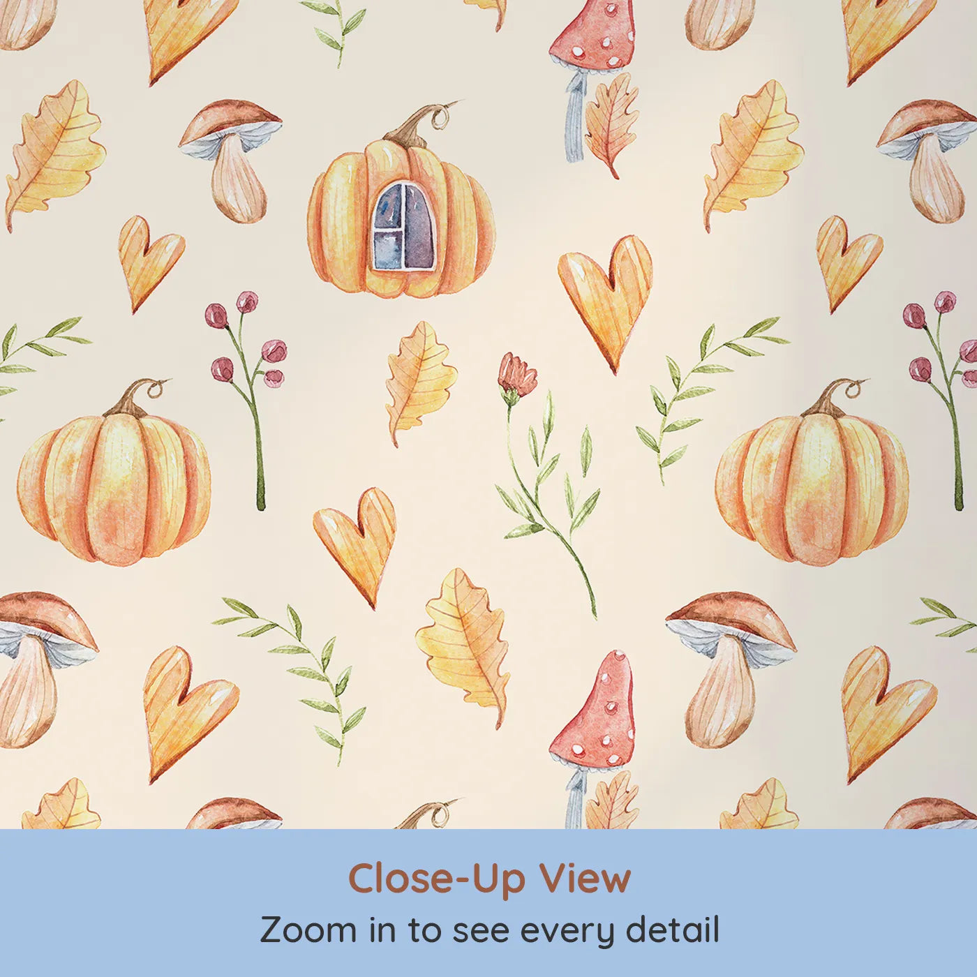 Close-up view of Whimsy Tots' Pumpkin Heart Harvest Wallpaper in Cream (W3256C).Pumpkins and hearts sprinkle seasonal cheer.