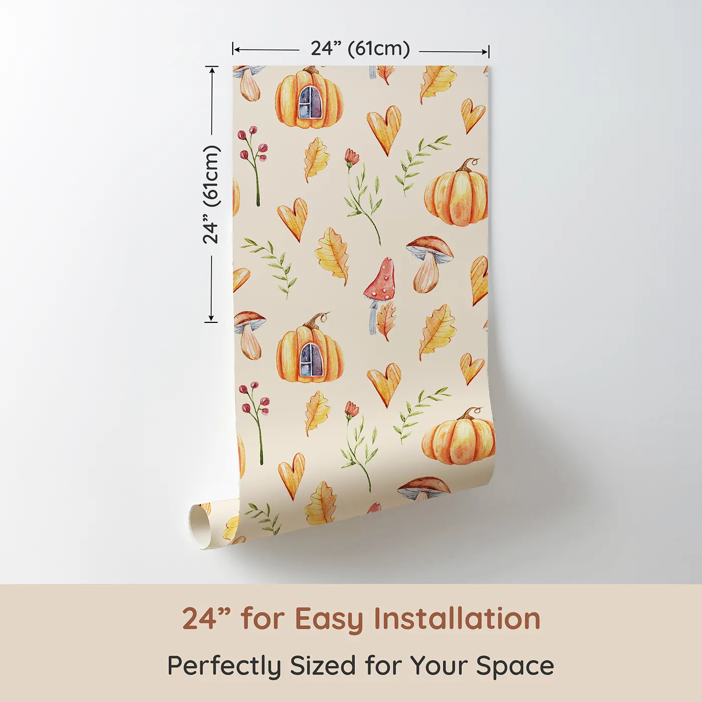 Dimension view of Whimsy Tots Pumpkin Heart Harvest Wallpaper in Cream (W3256C). Printed in 24-inch-wide panel for easy installation. Pumpkins and hearts sprinkle seasonal cheer.