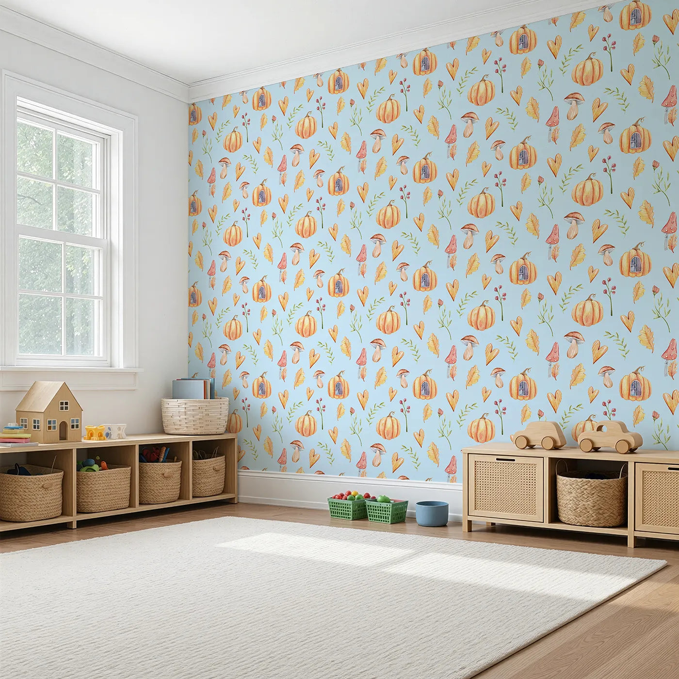 Angled view of Whimsy Tots' Pumpkin Heart Harvest Wallpaper in Sky Blue (W3256D).Pumpkins and hearts sprinkle seasonal cheer.