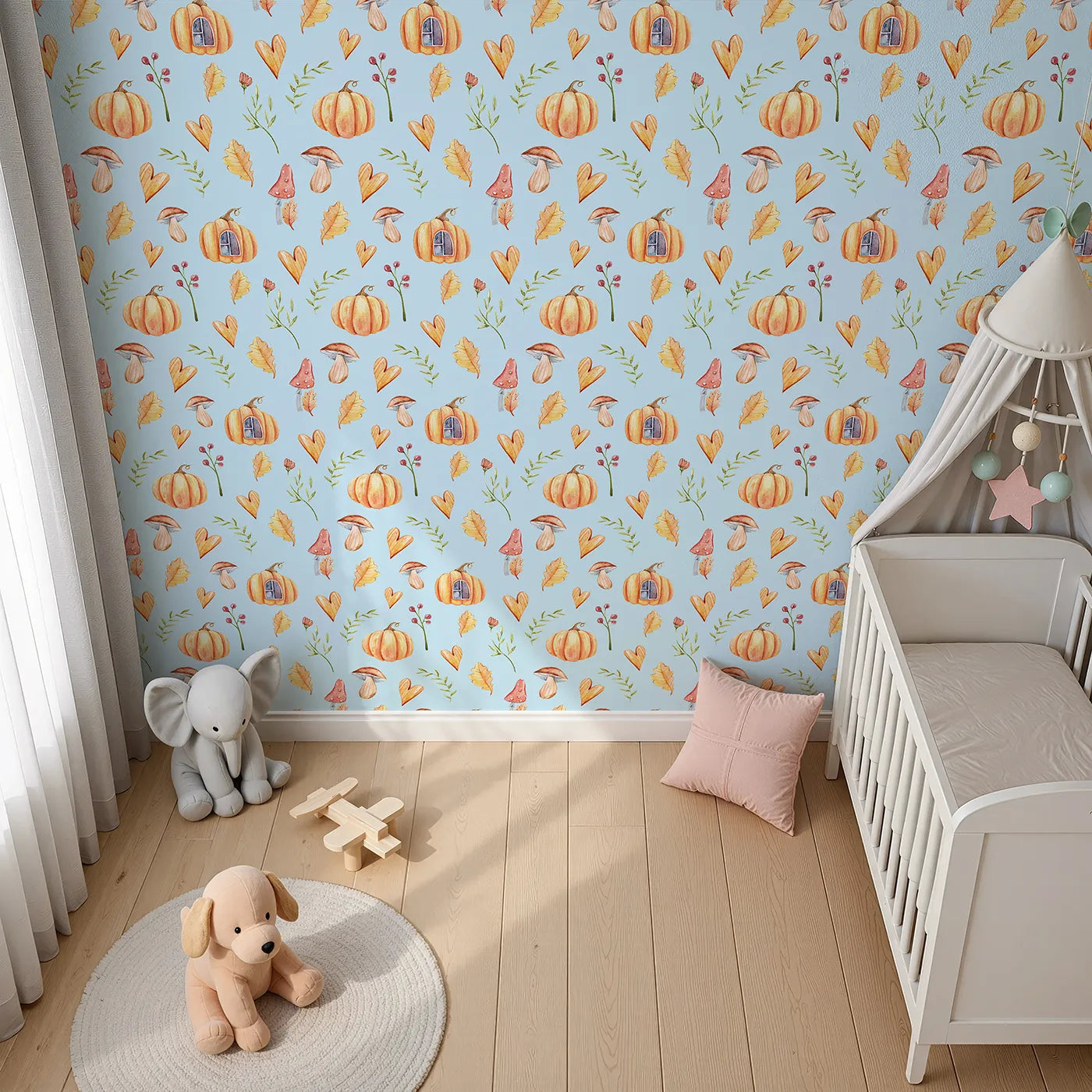 Top-Down view of Whimsy Tots' Pumpkin Heart Harvest Wallpaper in Sky Blue (W3256D).Pumpkins and hearts sprinkle seasonal cheer.