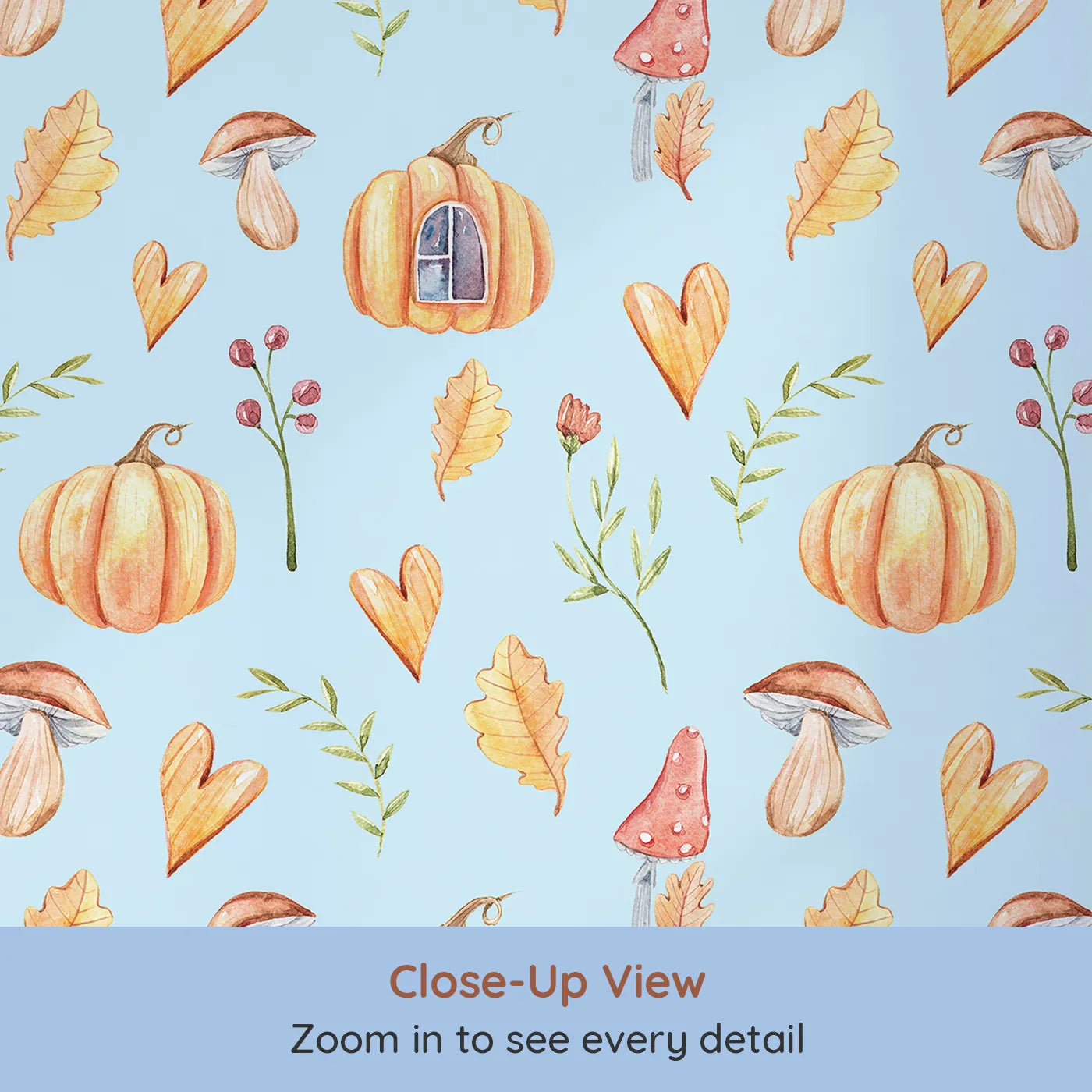 Close-up view of Whimsy Tots' Pumpkin Heart Harvest Wallpaper in Sky Blue (W3256D).Pumpkins and hearts sprinkle seasonal cheer.