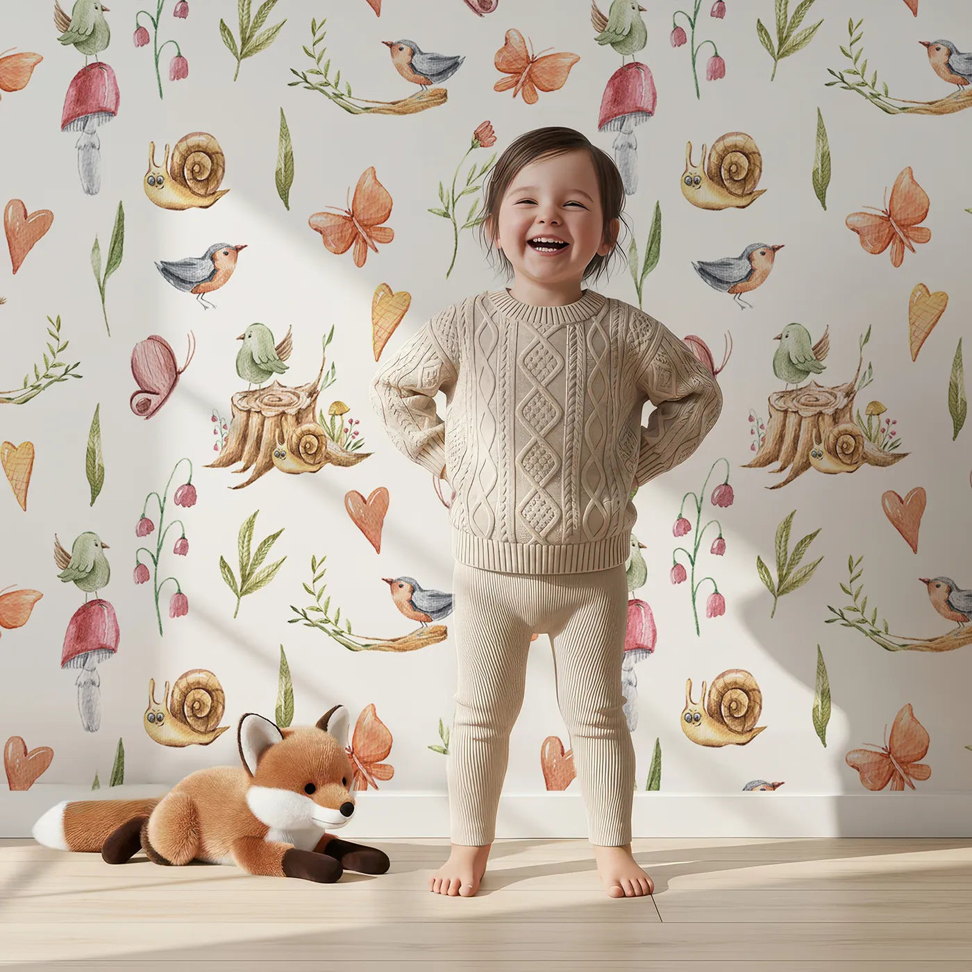 Lovely child standing in front of Whimsy Tots Woodland Playtime Parade Wallpaper in White with owl, bird, butterfly, snail, mushroom, heart, stump in design.
