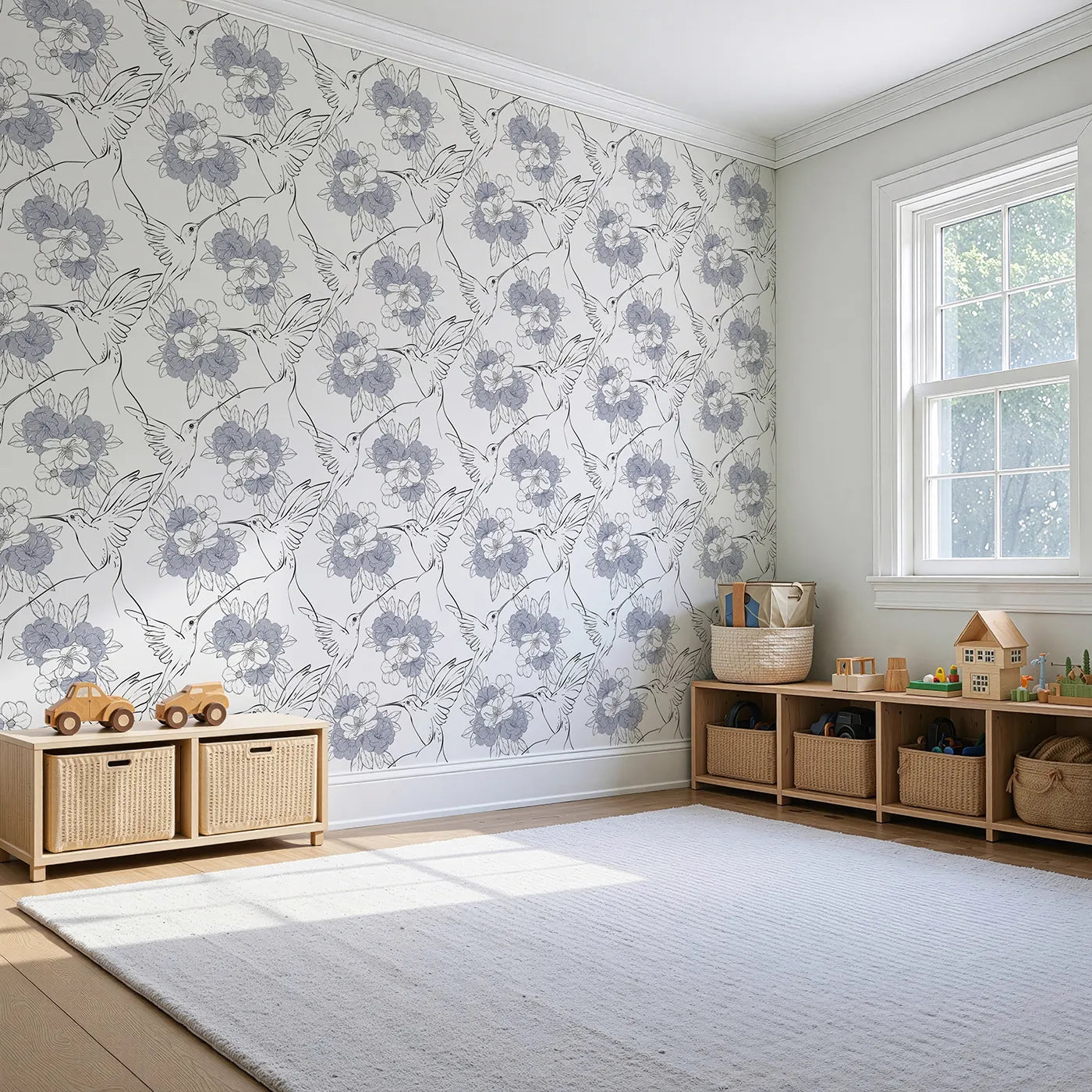 Angled view of Whimsy Tots' Hummingbird Garden Sketch Wallpaper in Ink Bloom (W3258).Delicate hummingbirds and floral blooms flow in inky elegance.