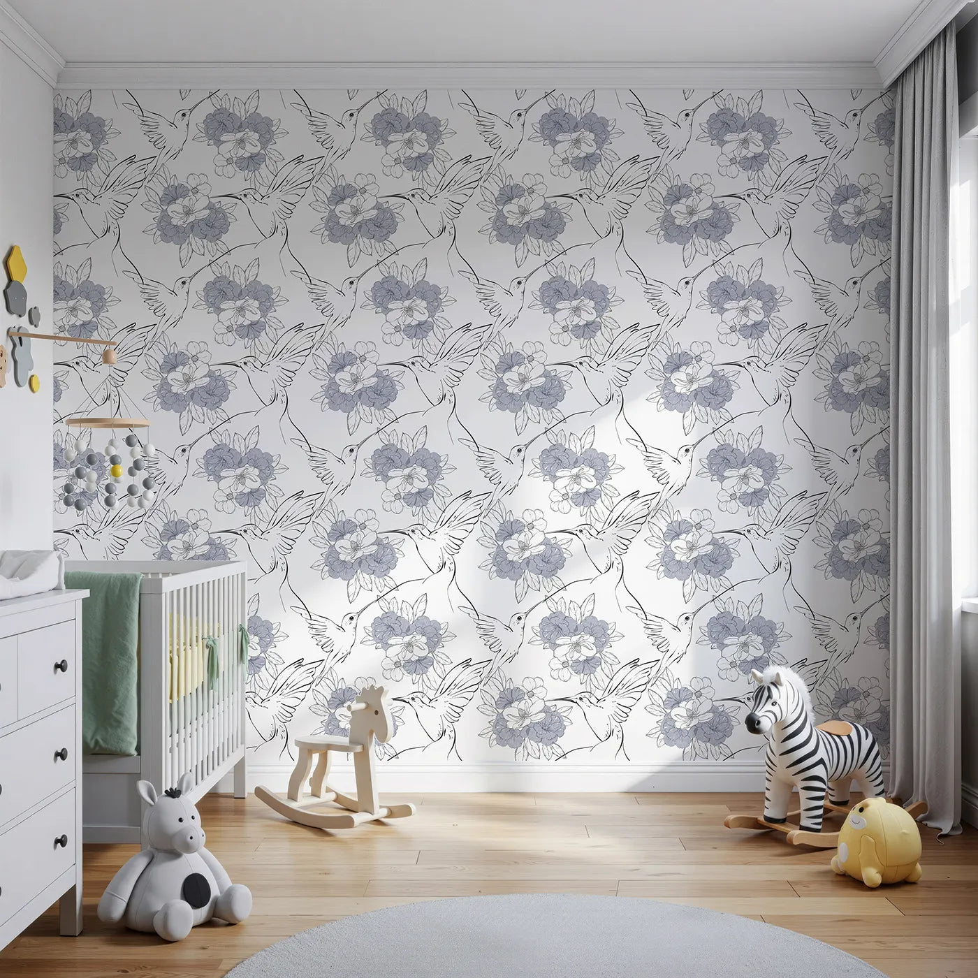 Front view of Whimsy Tots' Hummingbird Garden Sketch Wallpaper in Ink Bloom