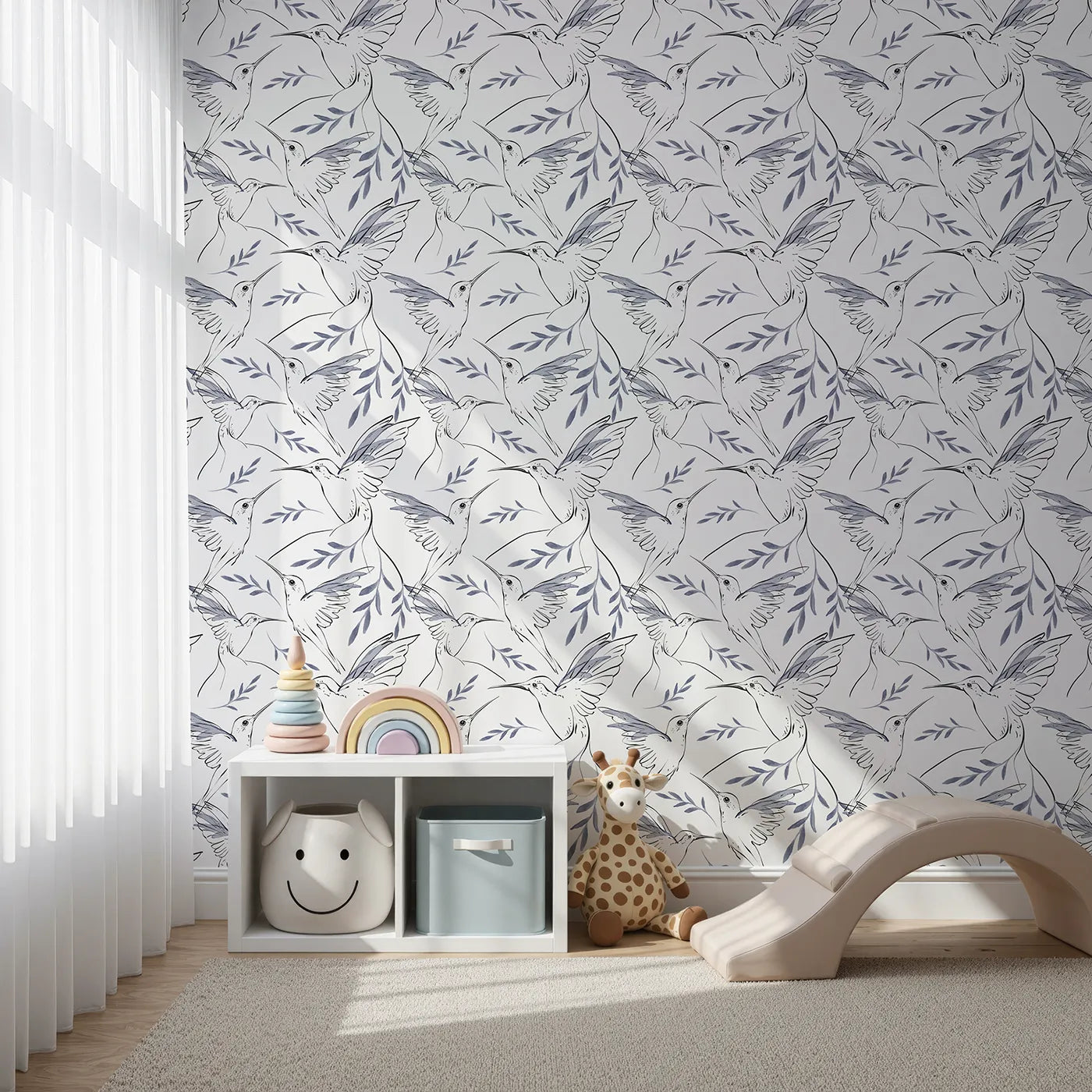 Front view of Whimsy Tots' Hummingbird Line Dance Wallpaper in Ink Leaf