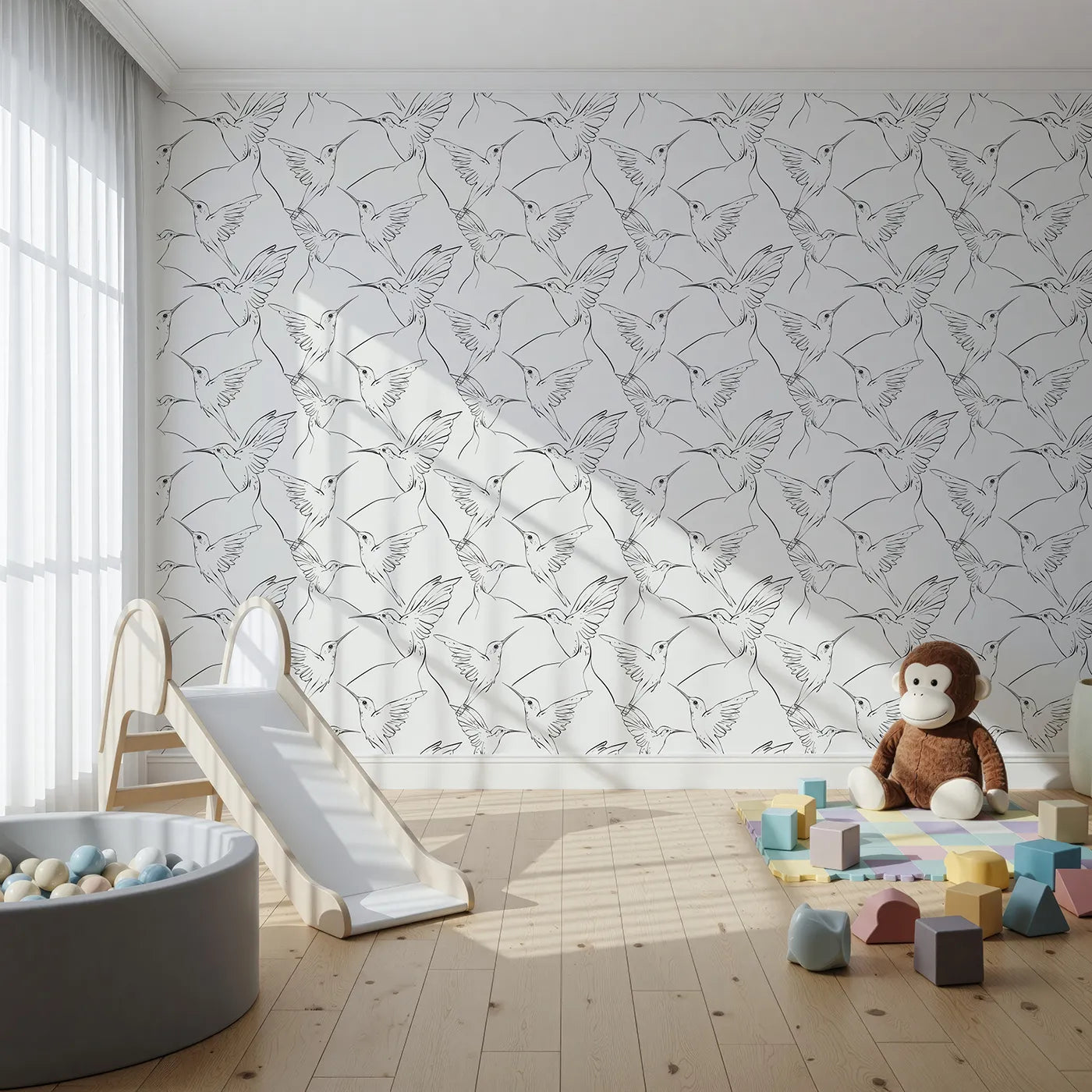 Front view of Whimsy Tots' Inkline Hummingbird Wallpaper